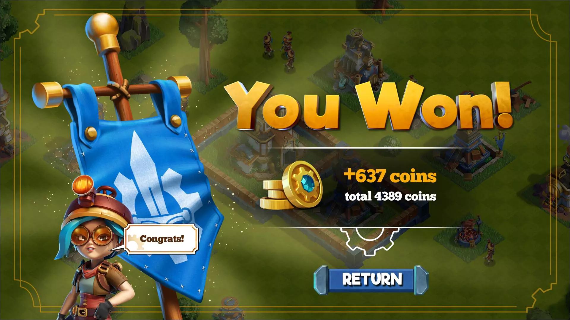 Victory screen from a steampunk-themed game displaying 'You Won!' with a reward of +637 coins, totaling 4389 coins, and a congratulatory message from a character with blue hair and steampunk goggles.