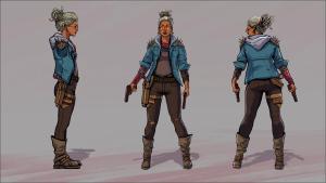Magic Media 2D art shows a female character in a rugged, survivalist outfit from three different angles.