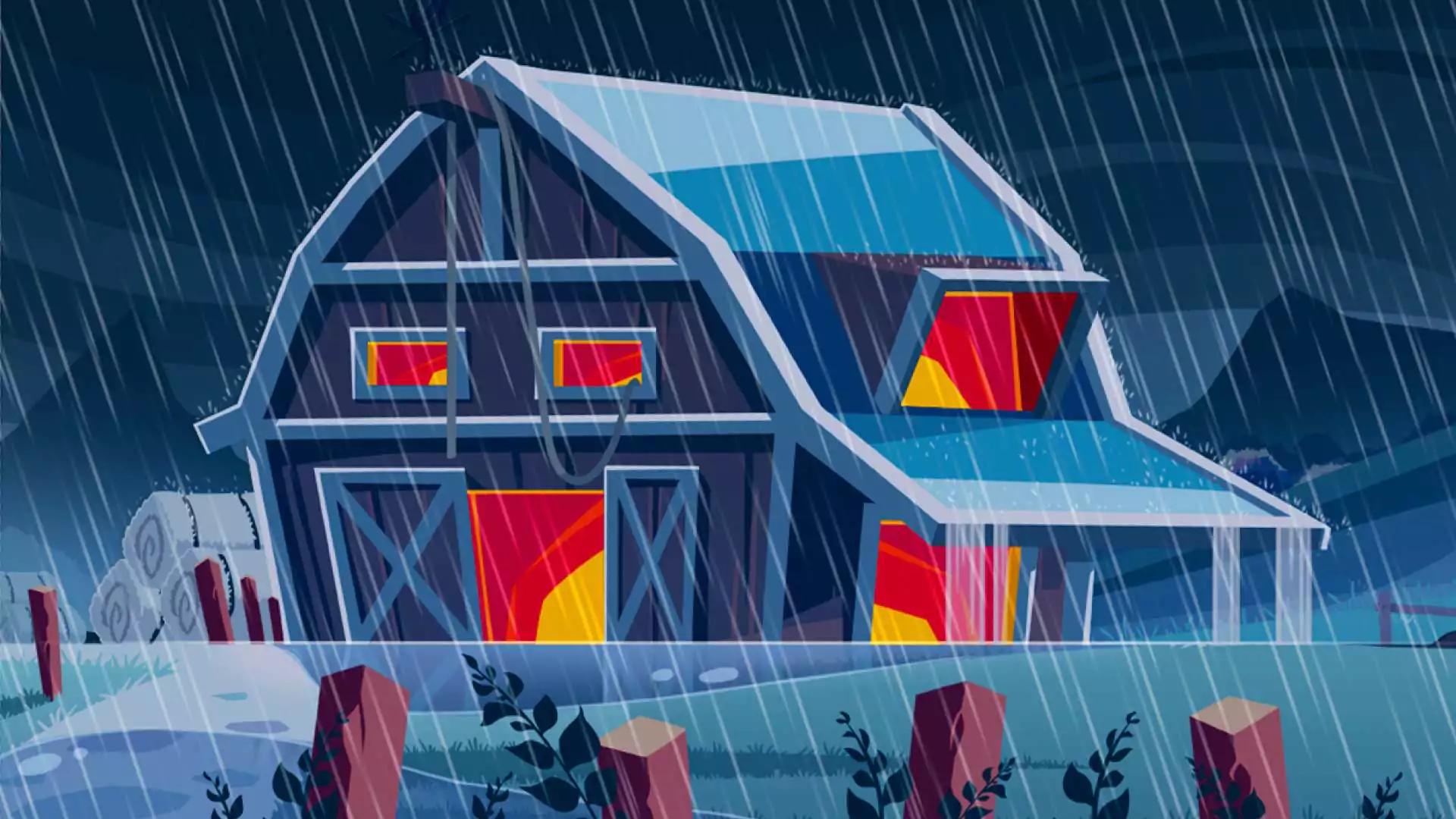 Barn in a rainy night scene from the StarFarm game.