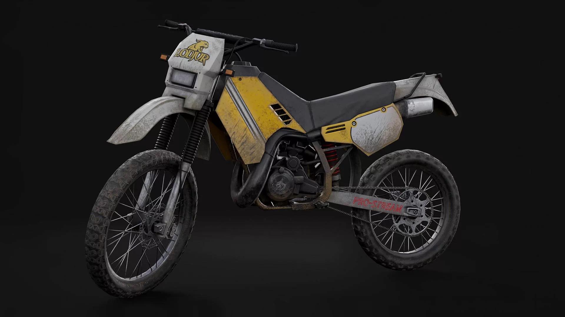Realistic 3D rendering of a dirt bike with a yellow and black design on a black background