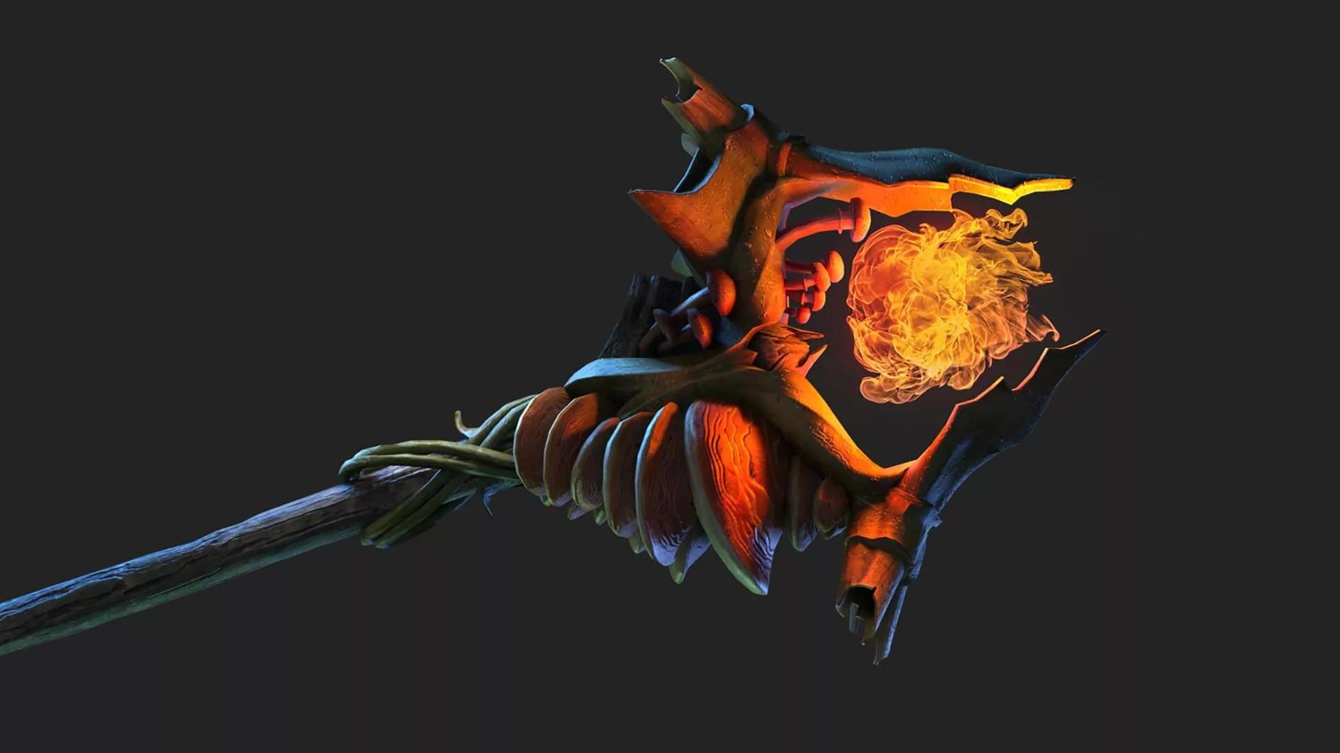 3D rendering of a fantasy staff with intricate designs and a glowing fireball at the top, displayed against a dark background