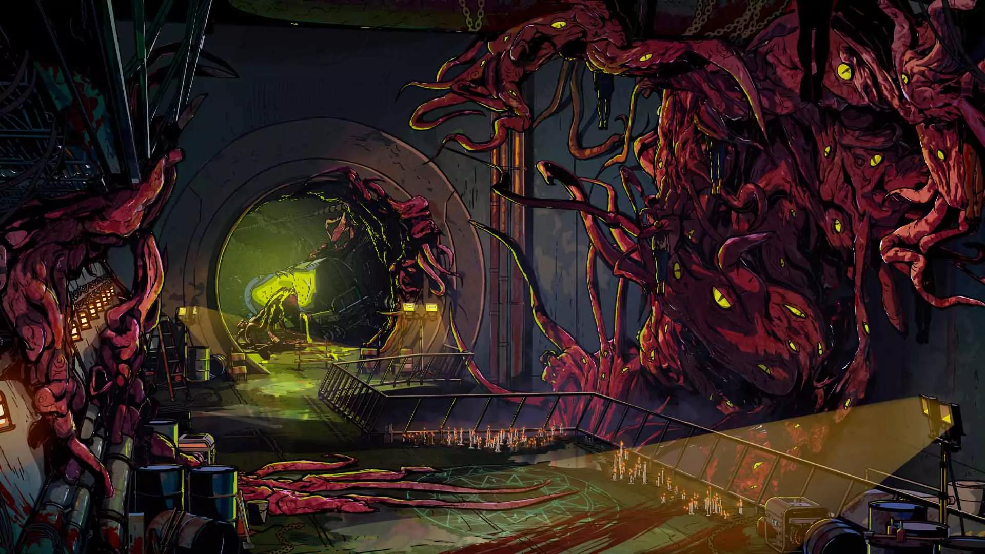 Magic Media game porting, featuring an intricate scene depicting a monstrous alien infestation within a high-tech space station corridor.