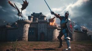 The Ultimate Guide to VFX for Gaming: From Explosions to Environments 2 Magic Media VFX, A knight raises his sword in front of a burning castle as a dragon flies overhead. Smoke rises from the battle, with mountains in the background.