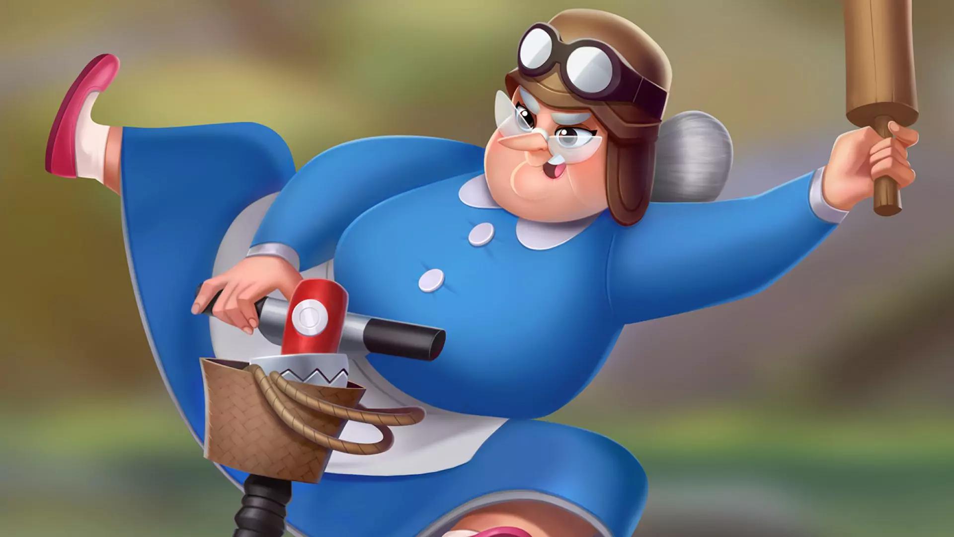 Cartoon character of an elderly woman in aviator goggles riding a scooter.
