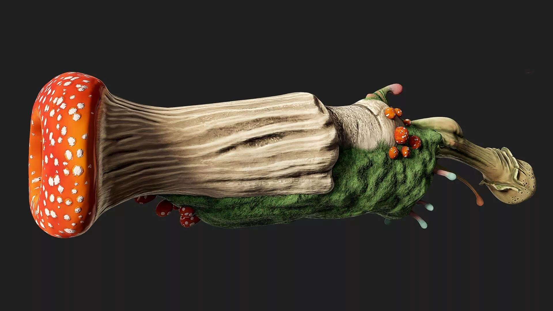 3D rendering of a fantasy weapon resembling a large mushroom stem with an orange cap and green moss-like growth, adorned with smaller red mushrooms