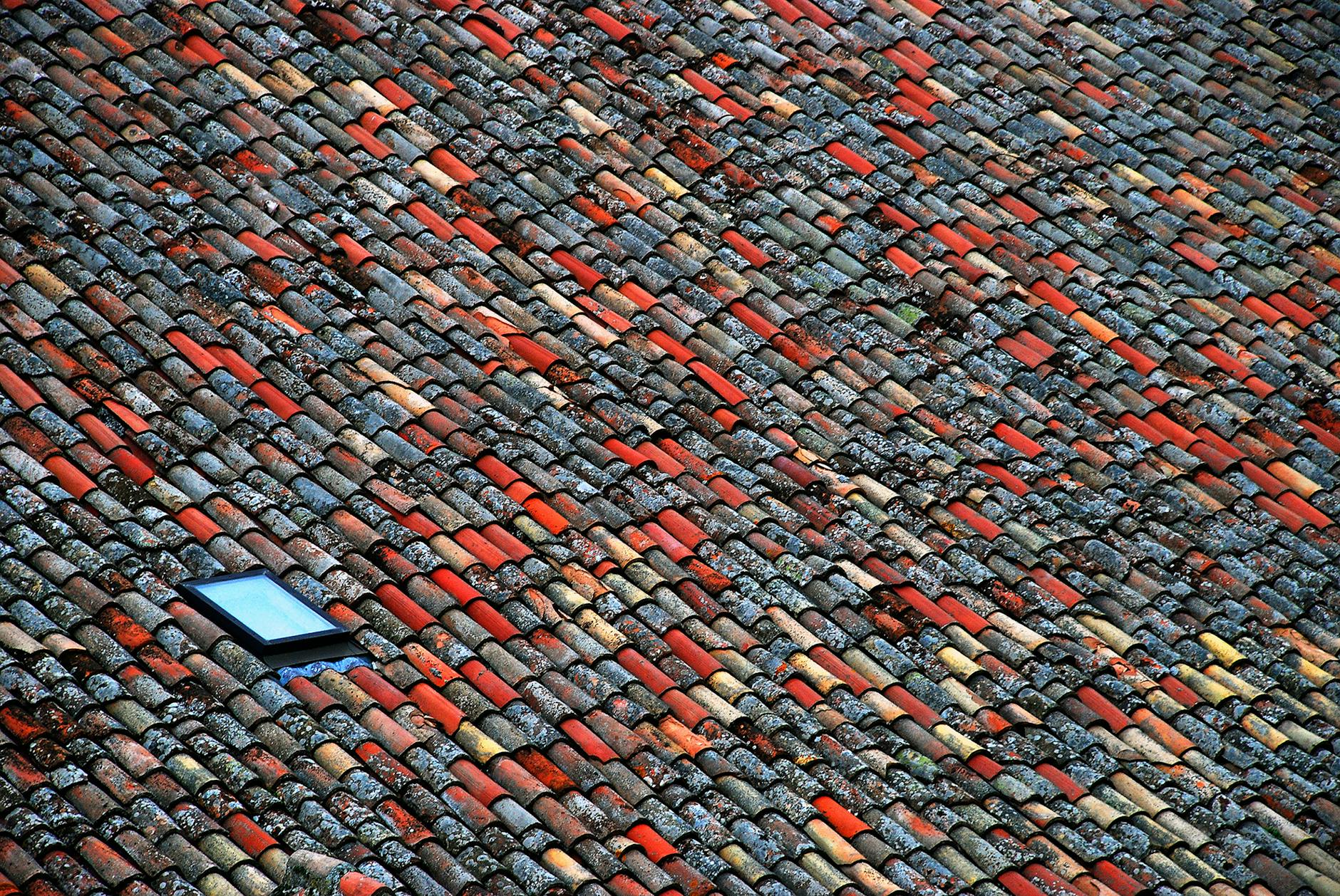 Vibrant tiled roof with a skylight window set against a rustic pattern.