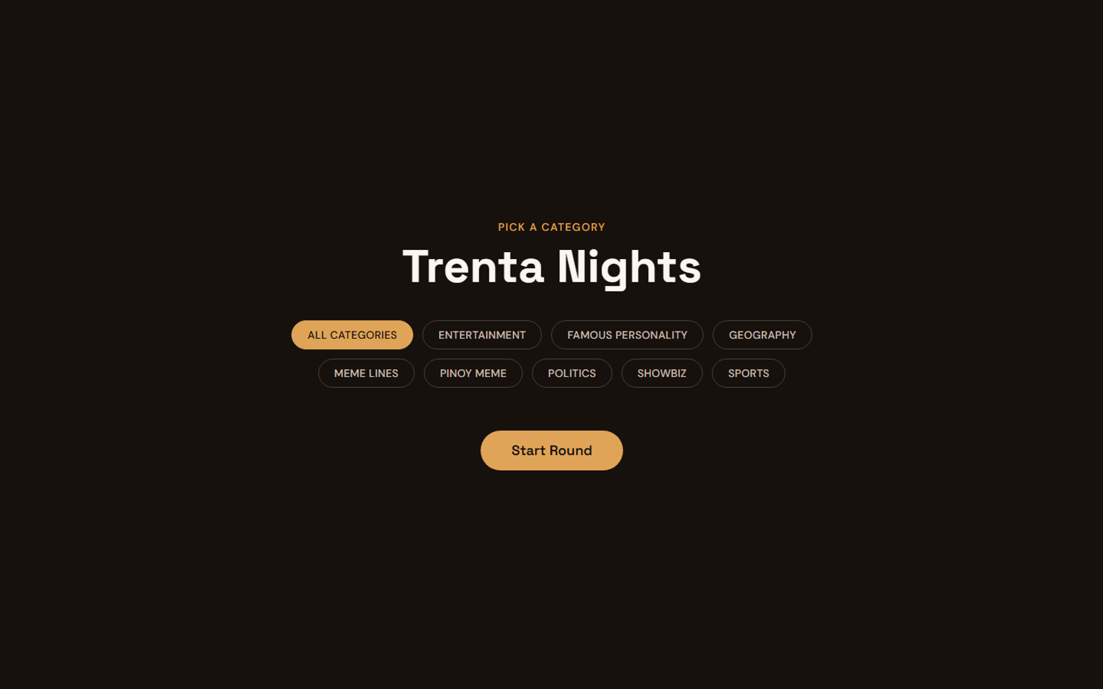 Trenta Nights category selection screen with a Start Round button