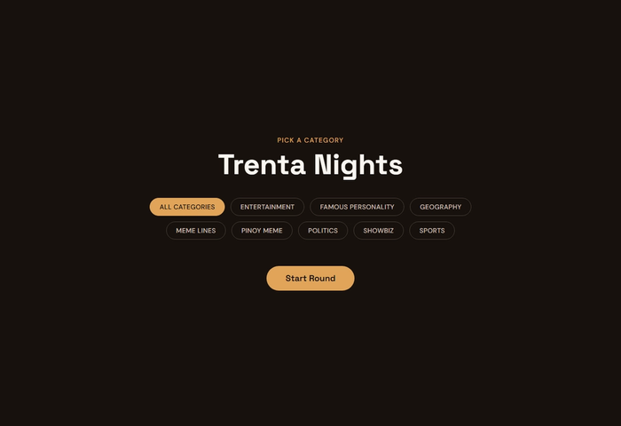 Trenta Nights category selection screen with a Start Round button