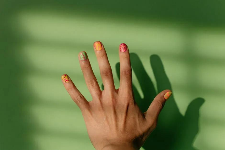 Närbild på hand med ombre naglar och nail art