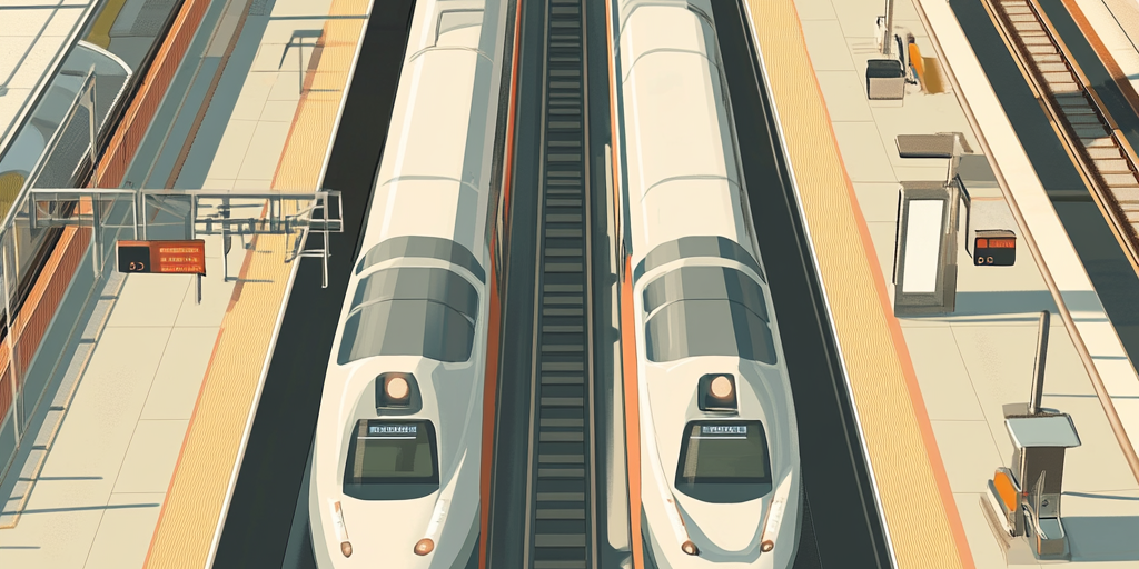 A highly detailed and realistic overhead illustration of a train station system with multiple connected stations in a straight line, symbolizing a doubly linked list. The tracks extend out of the image, appearing straight and well-defined. Each station is vividly detailed with realistic platforms, waiting areas, and visible signage. The trains are distinct, with clear windows and structured designs, ensuring an orderly and professional look. The colors are vibrant, but the overall composition remains clean and engaging, emphasizing bidirectional travel.