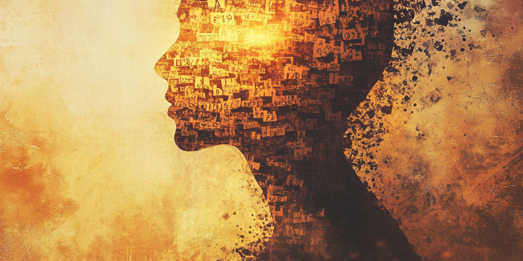 An abstract depiction of personal transformation and overcoming self-doubt. A silhouette of a person dissolves into flowing words and ideas, symbolizing the shift from hesitation to creativity. The background features a blend of warm, inviting colors with a glowing central light, representing inspiration and a breakthrough moment. The dreamy, surreal style evokes a sense of limitless possibility and new beginnings.