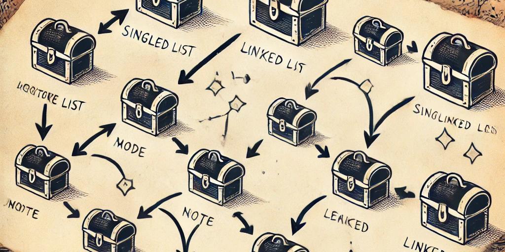 A visual representation of a singly linked list depicted as a treasure hunt. Each node appears as a treasure chest with arrows leading to the next, symbolizing the sequential navigation required to access data.