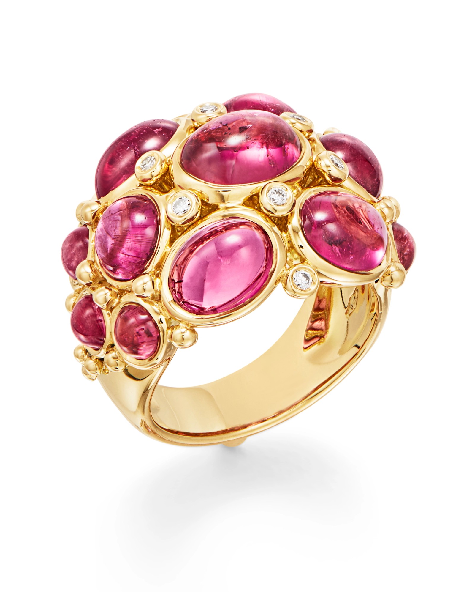 Yellow gold cluster ring with pink cabochon gemstones and diamonds.