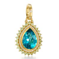 Gold pendant with a large blue teardrop gemstone, encircled by diamonds and small green gems.
