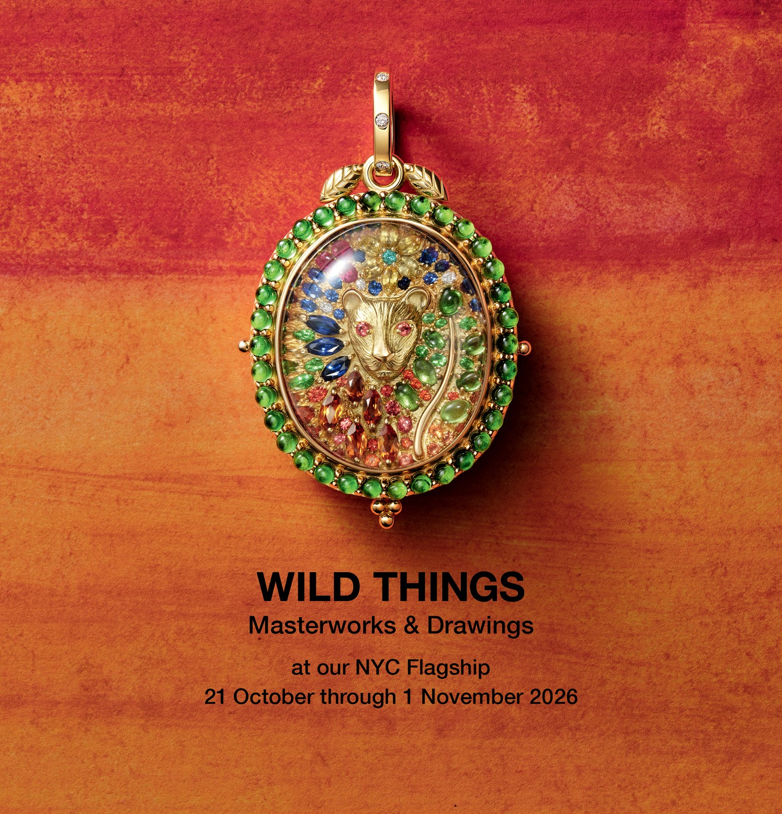 A gold oval pendant featuring a jeweled wild cat head surrounded by colorful gemstones, advertising the "Wild Things" exhibition.