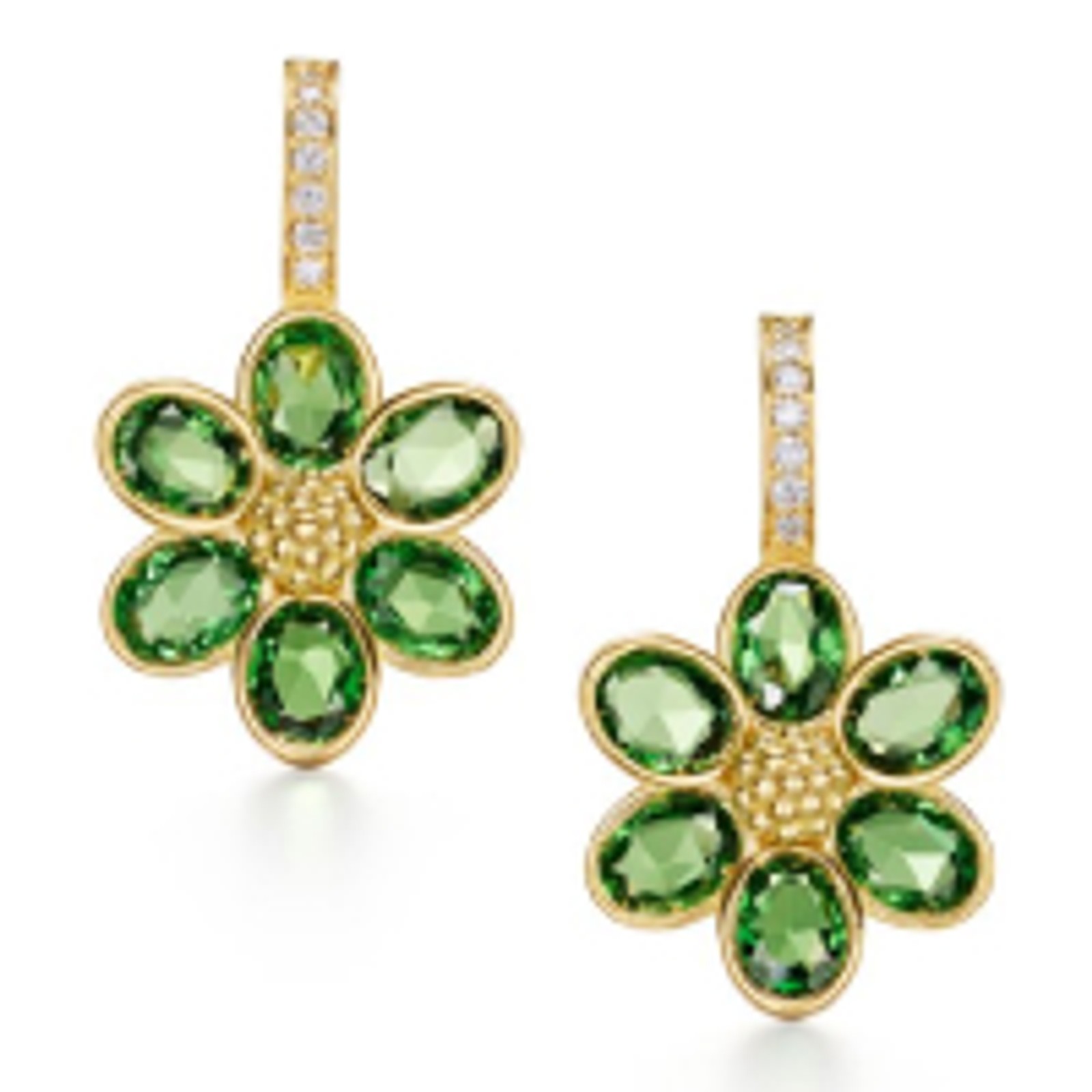 Pair of gold flower earrings with oval green gemstones and diamond-studded tops.