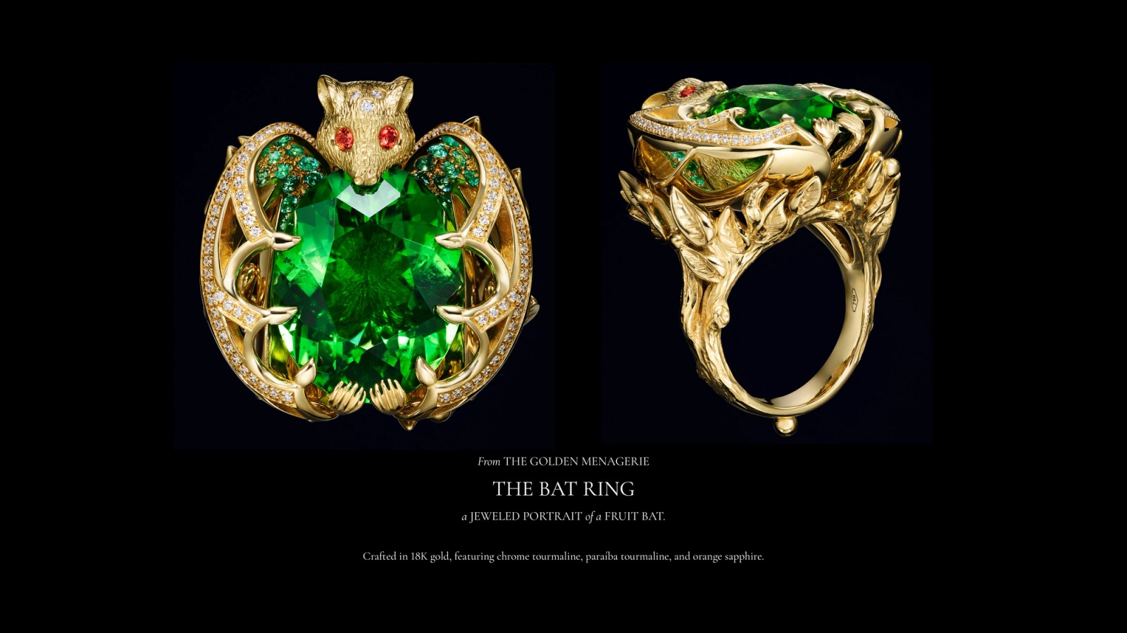Gold fruit bat ring with a large emerald-green gemstone body and small red eyes.
