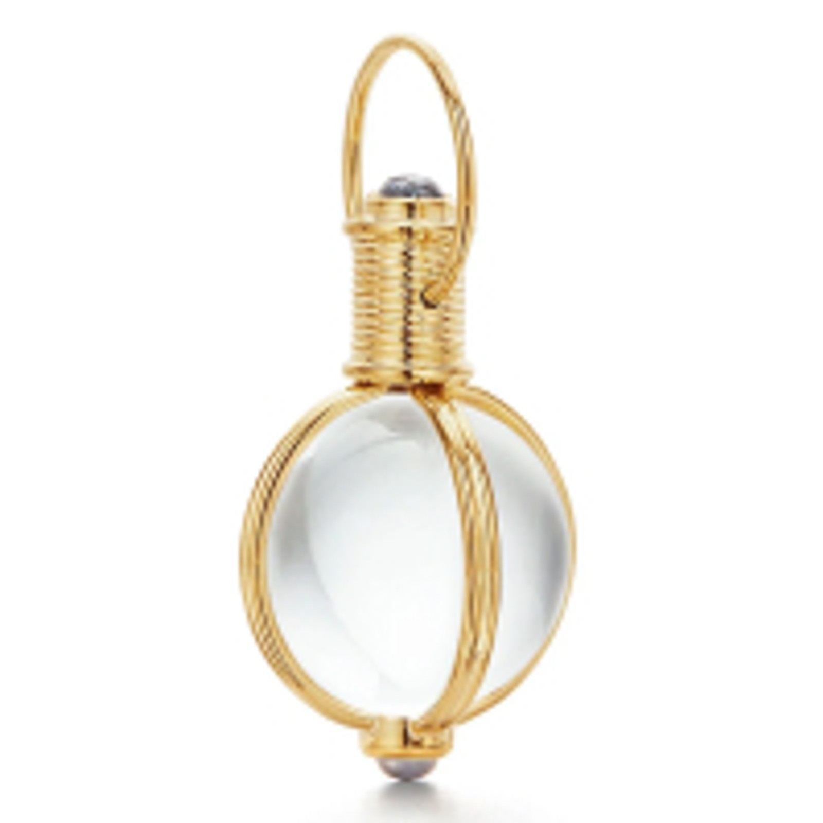 An ornate spherical clear crystal and gold perfume bottle pendant.