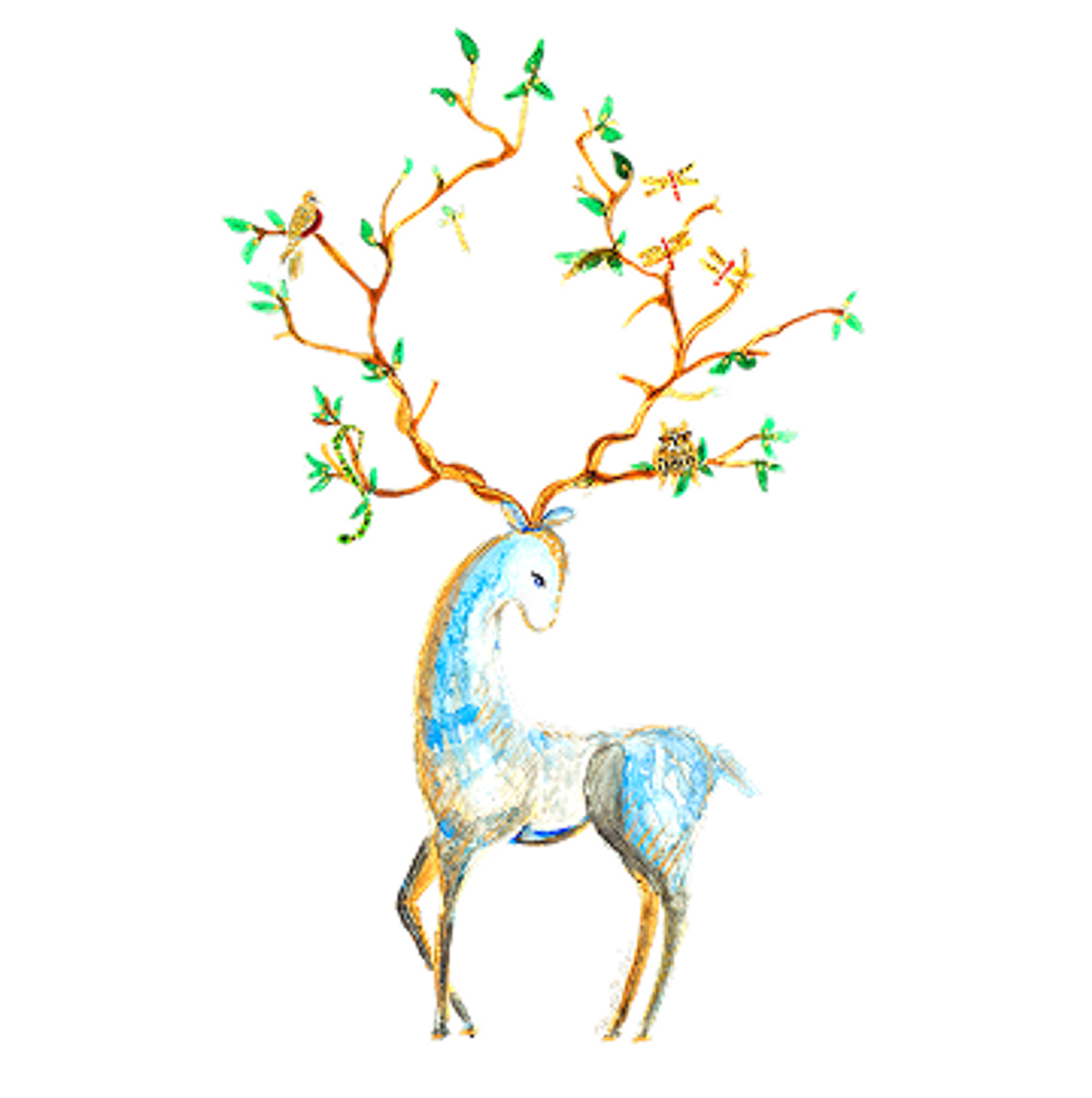 Watercolor deer with tree branch antlers, supporting leaves, birds, dragonflies, and an owl.