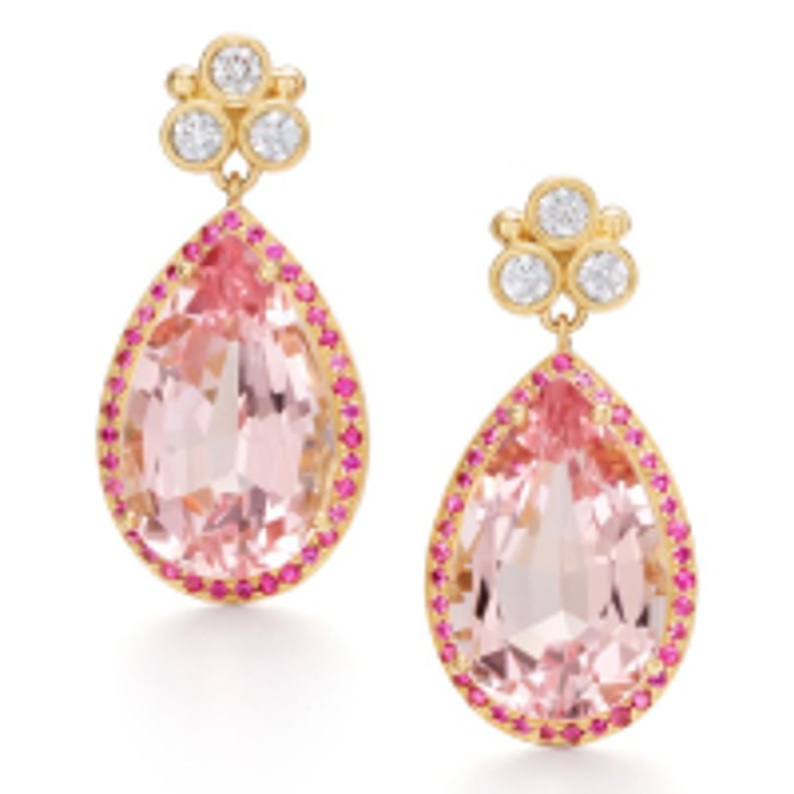 Gold drop earrings with large pear-cut pink gemstones, ruby halos, and three round diamonds.