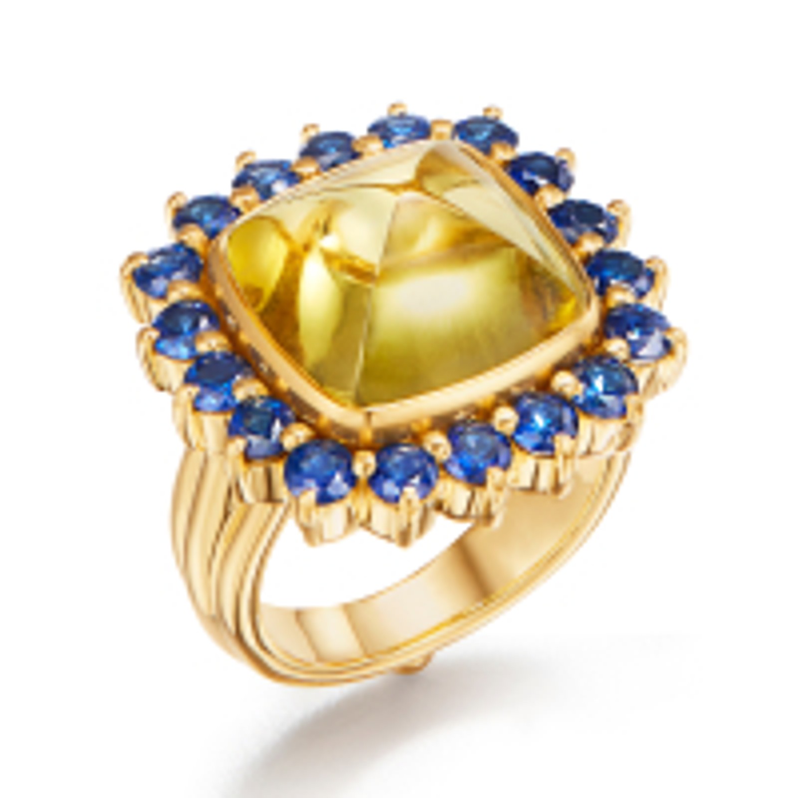 Gold ring with a large yellow cushion-cut gemstone surrounded by blue sapphires.