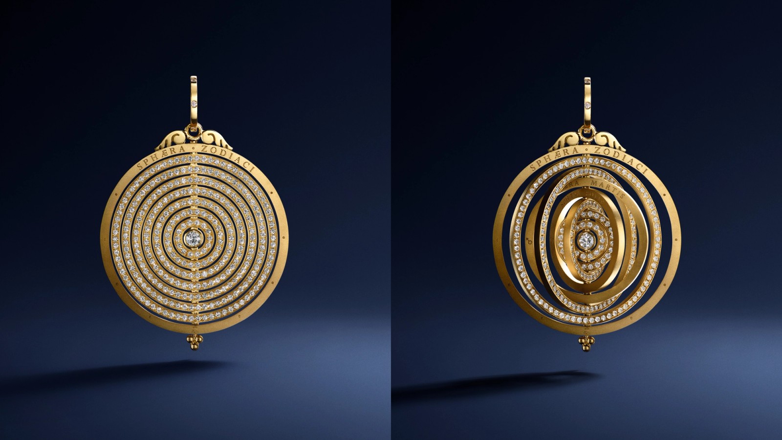 Gold and diamond pendant displayed in two states: a flat disk with concentric rings, and an opened spherical form, against a dark background.