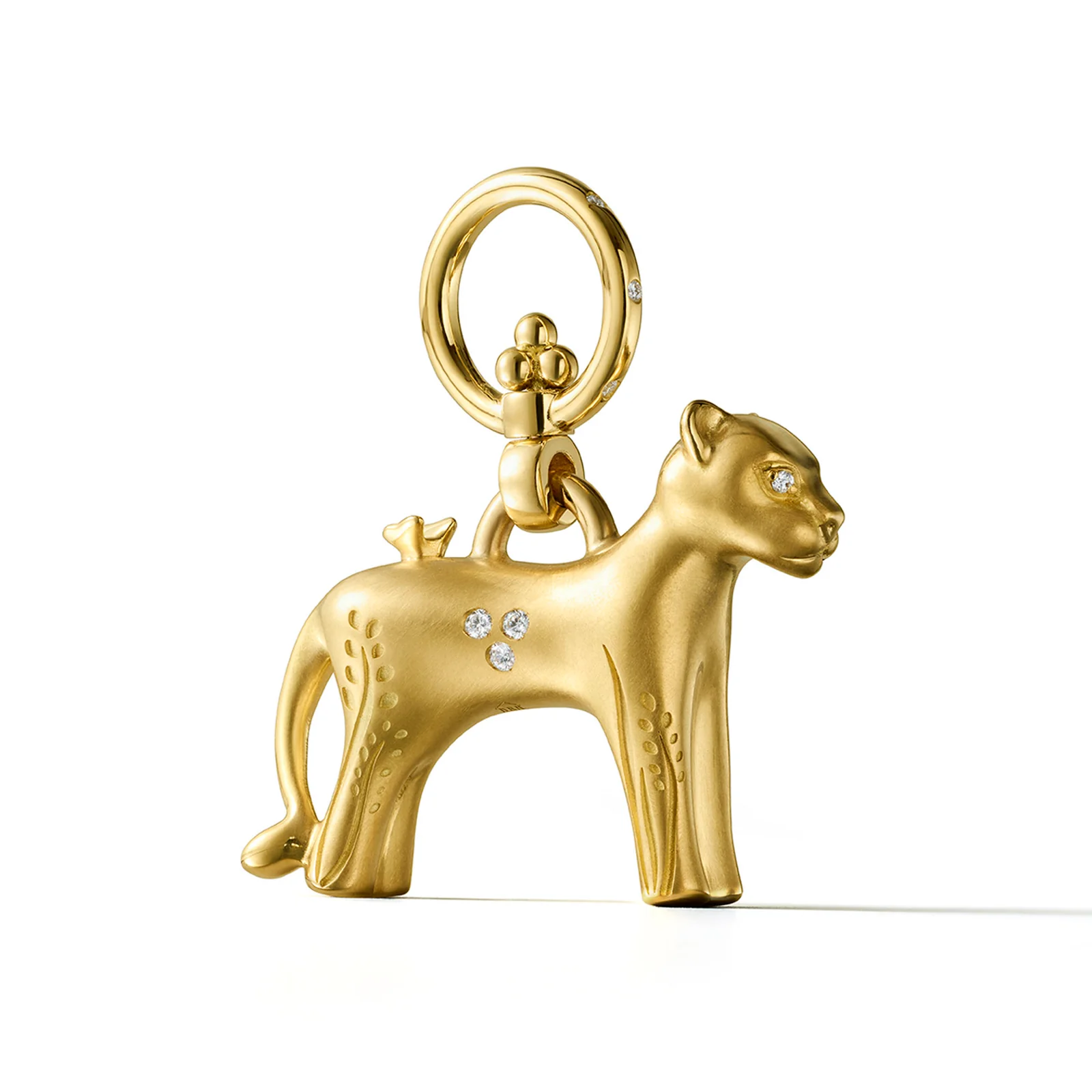 Matte gold panther charm with diamonds on its eyes, back, and attachment loop.