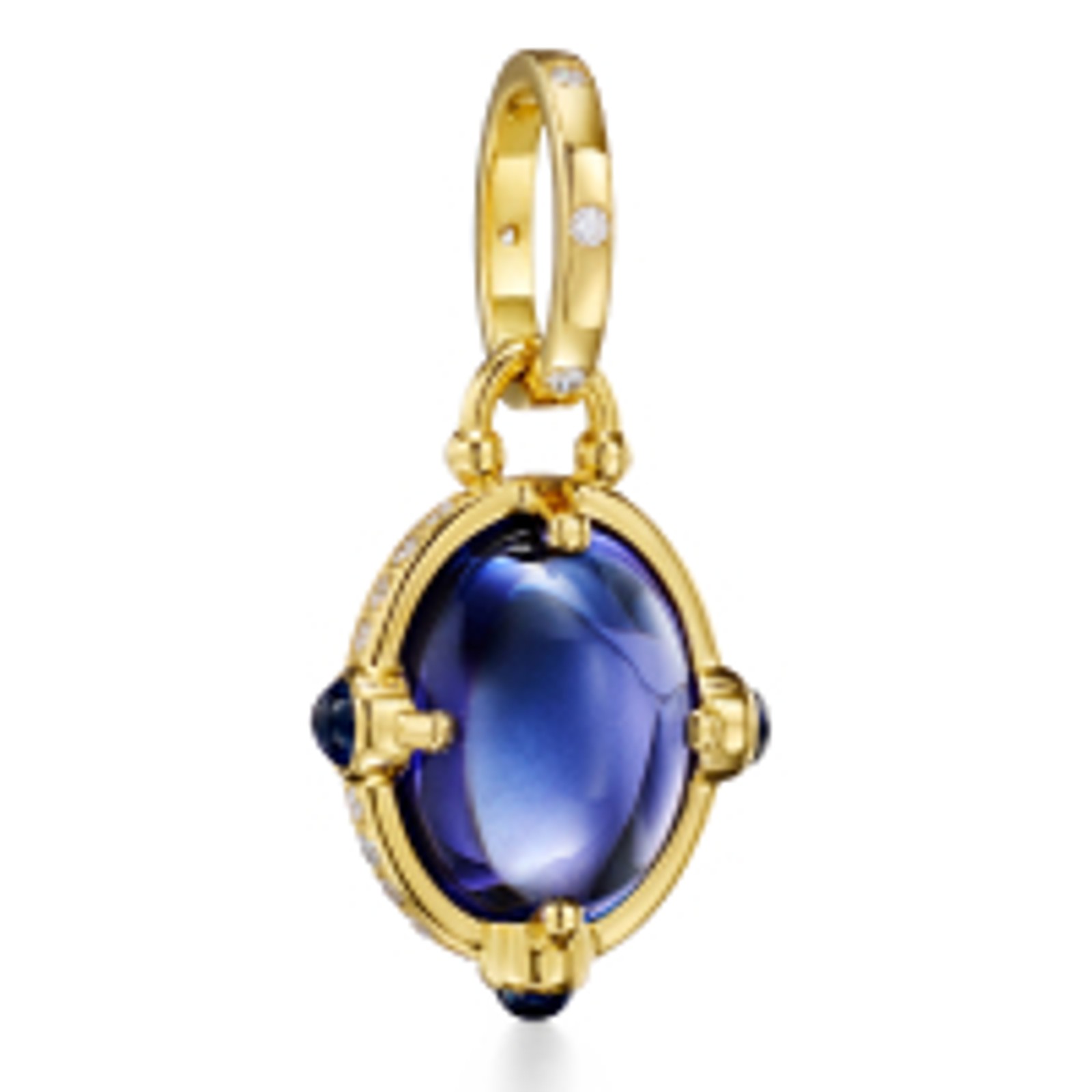 Yellow gold ring with an oval blue moonstone cabochon and small diamond accents.