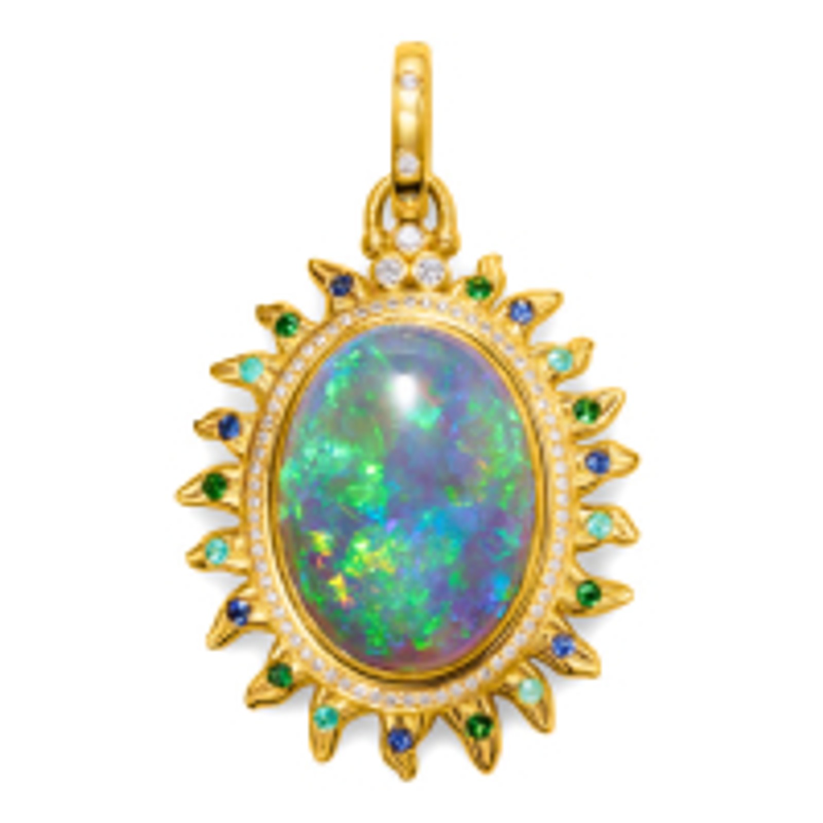 Gold ring with a large iridescent oval opal surrounded by smaller red gemstones.