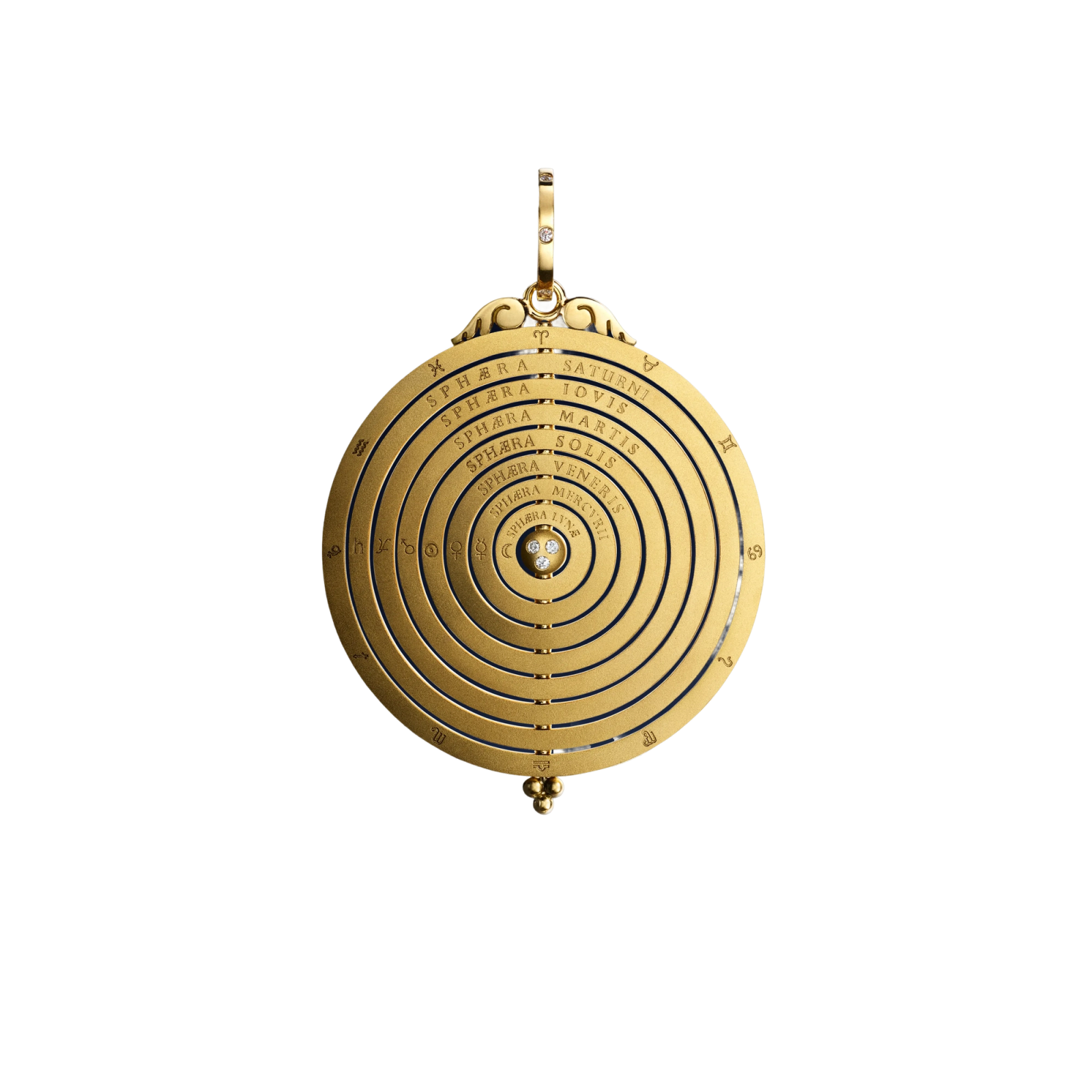 Gold geocentric planetary model pendant with concentric rings, Latin labels, and diamonds.