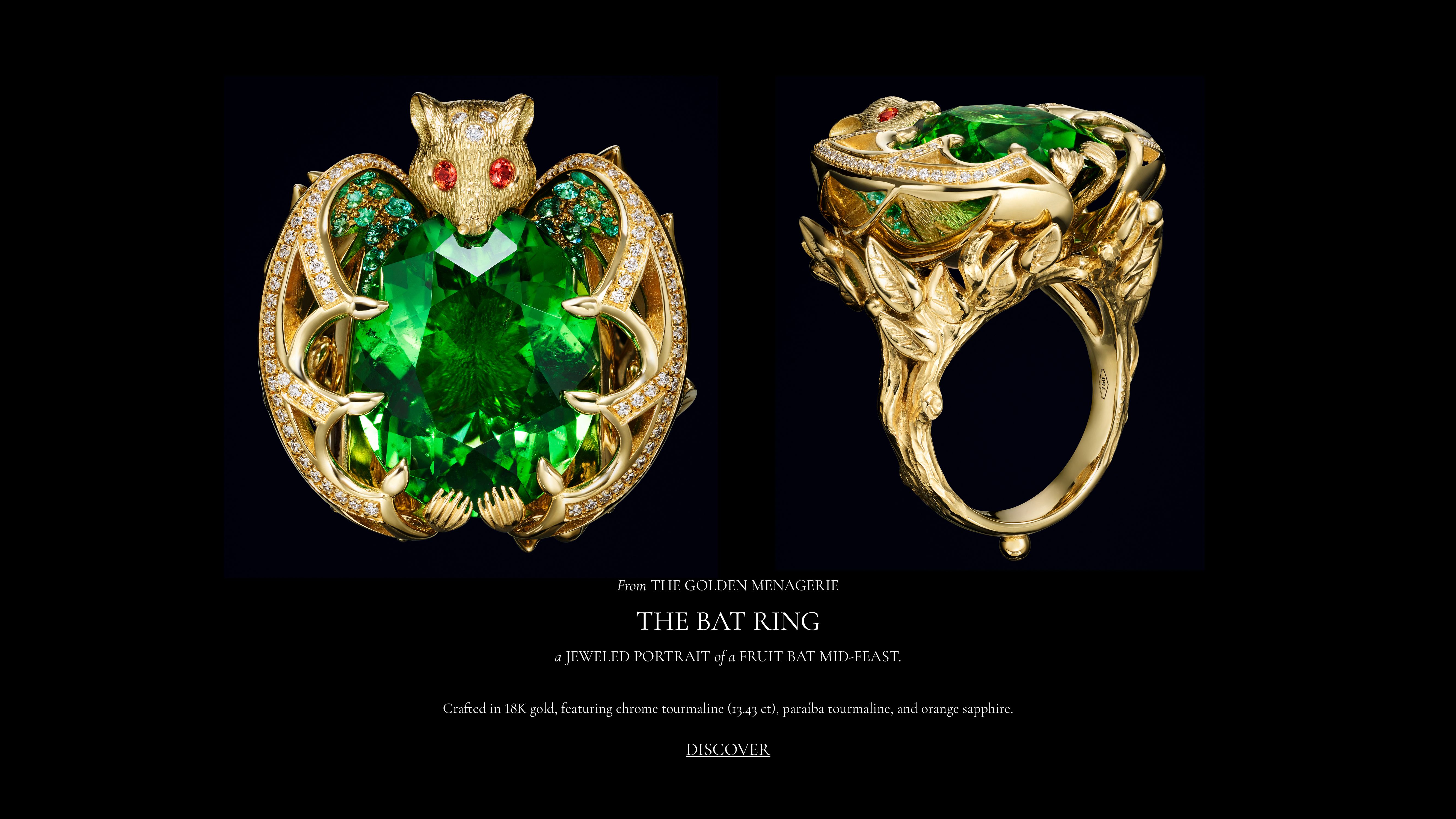 Two views of an ornate gold ring, shaped like a bat with red eyes, holding a large green gemstone.