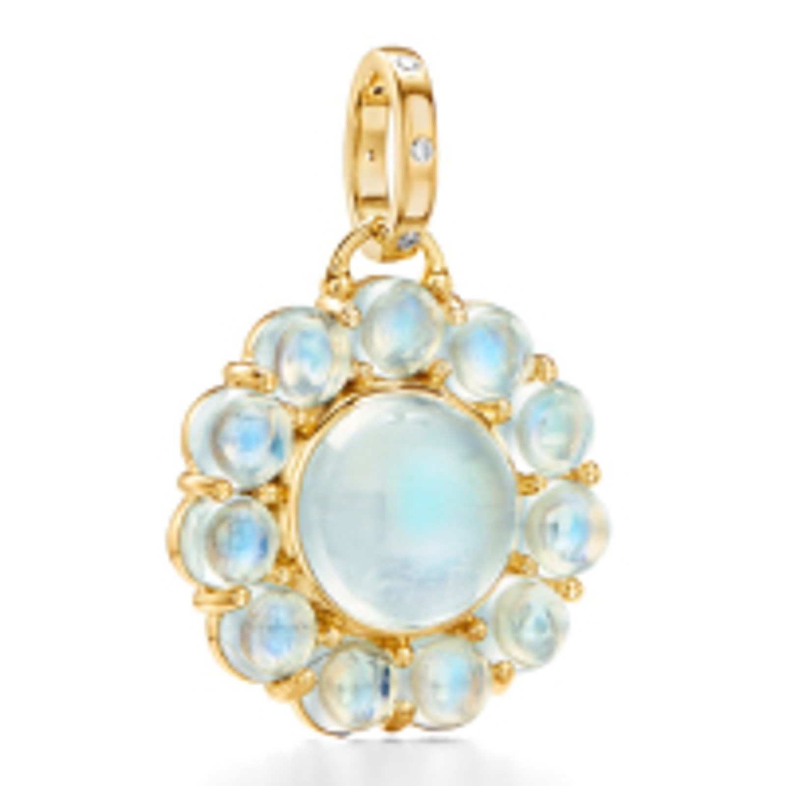 Circular gold pendant with a large central moonstone surrounded by smaller moonstones, and diamond accents.