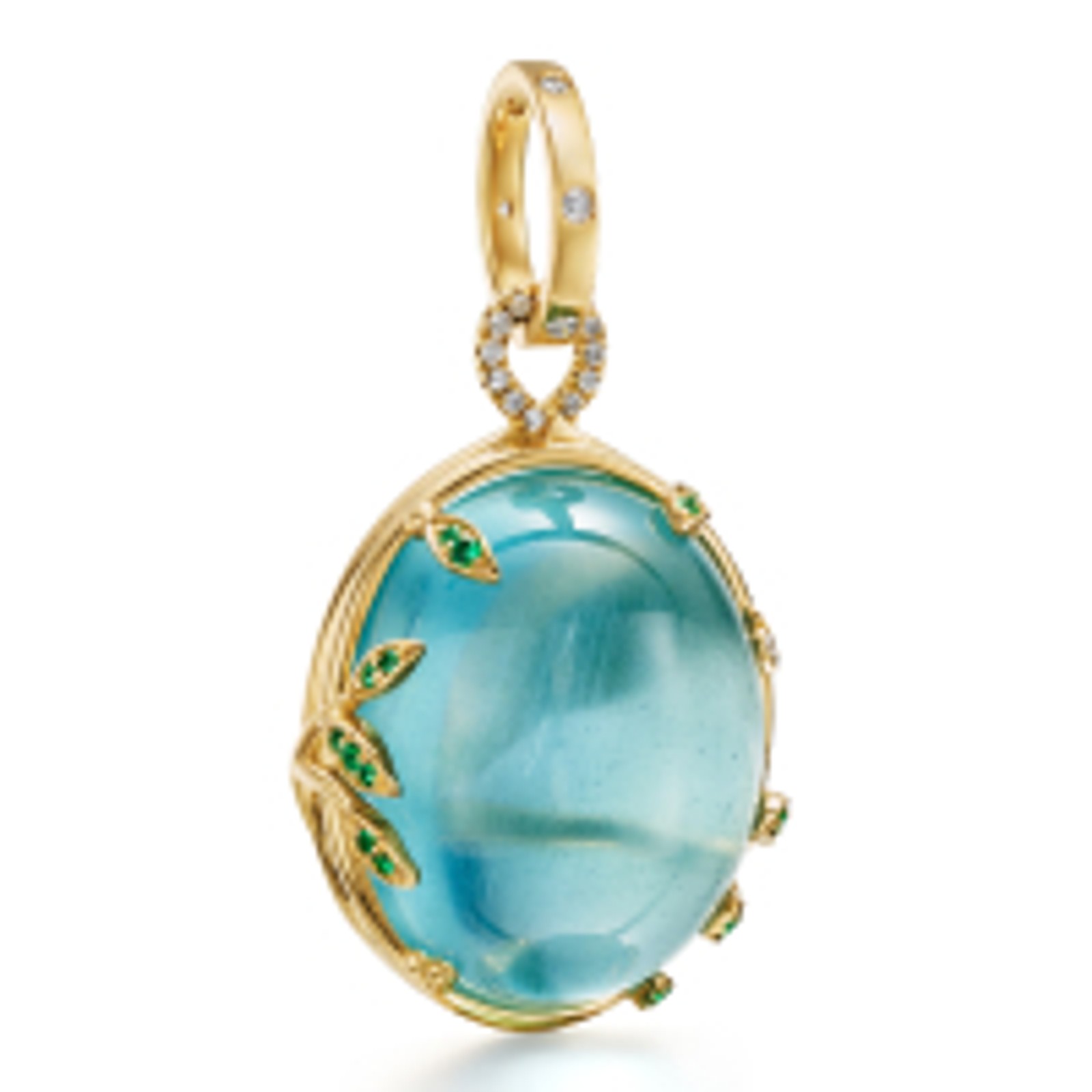 Gold pendant with a large oval blue gemstone, accented with small green leaf-shaped stones and diamonds.