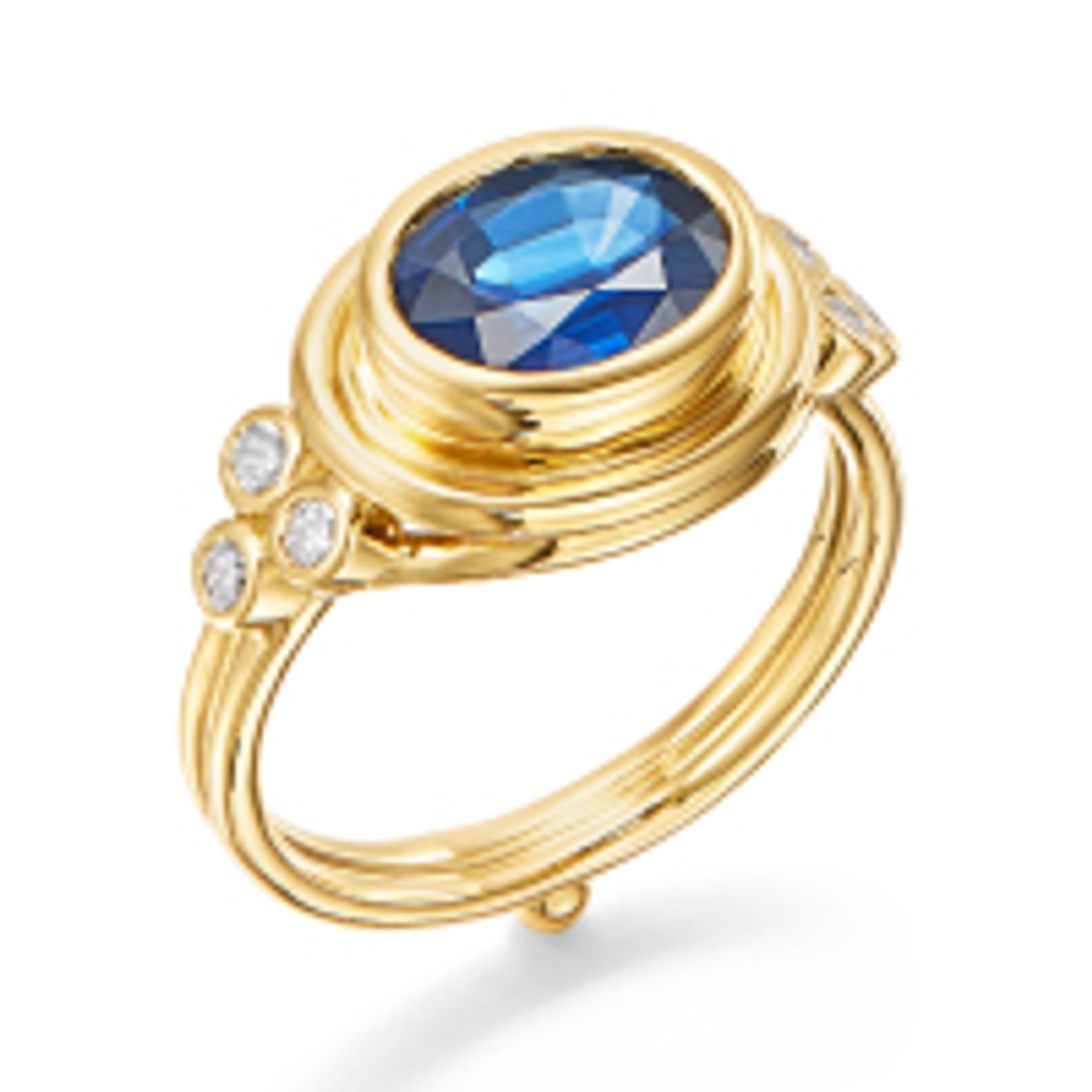 Yellow gold ring with an oval blue sapphire and diamond accents.