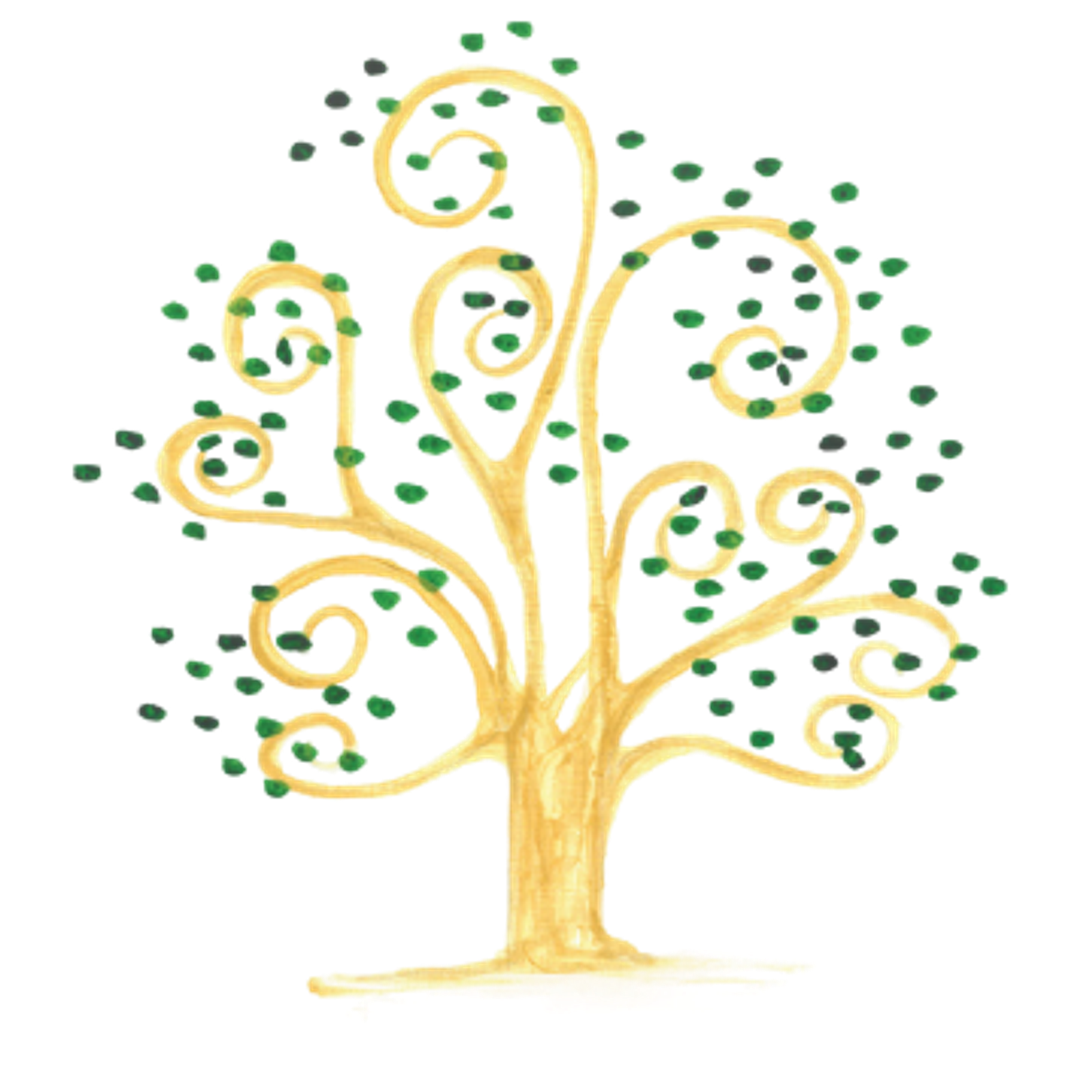 A stylized tree with golden, swirling branches and small green leaves.