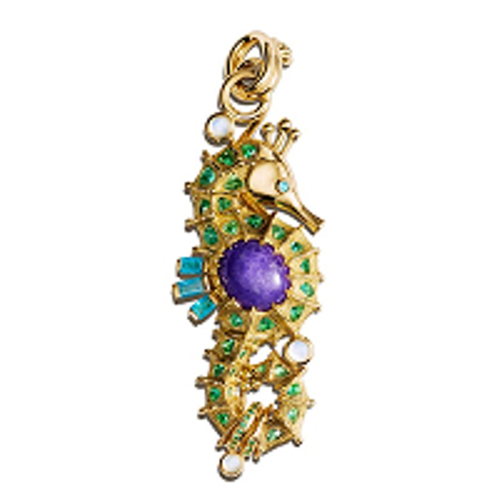 Gold seahorse pendant adorned with purple, green, blue, and white gems.