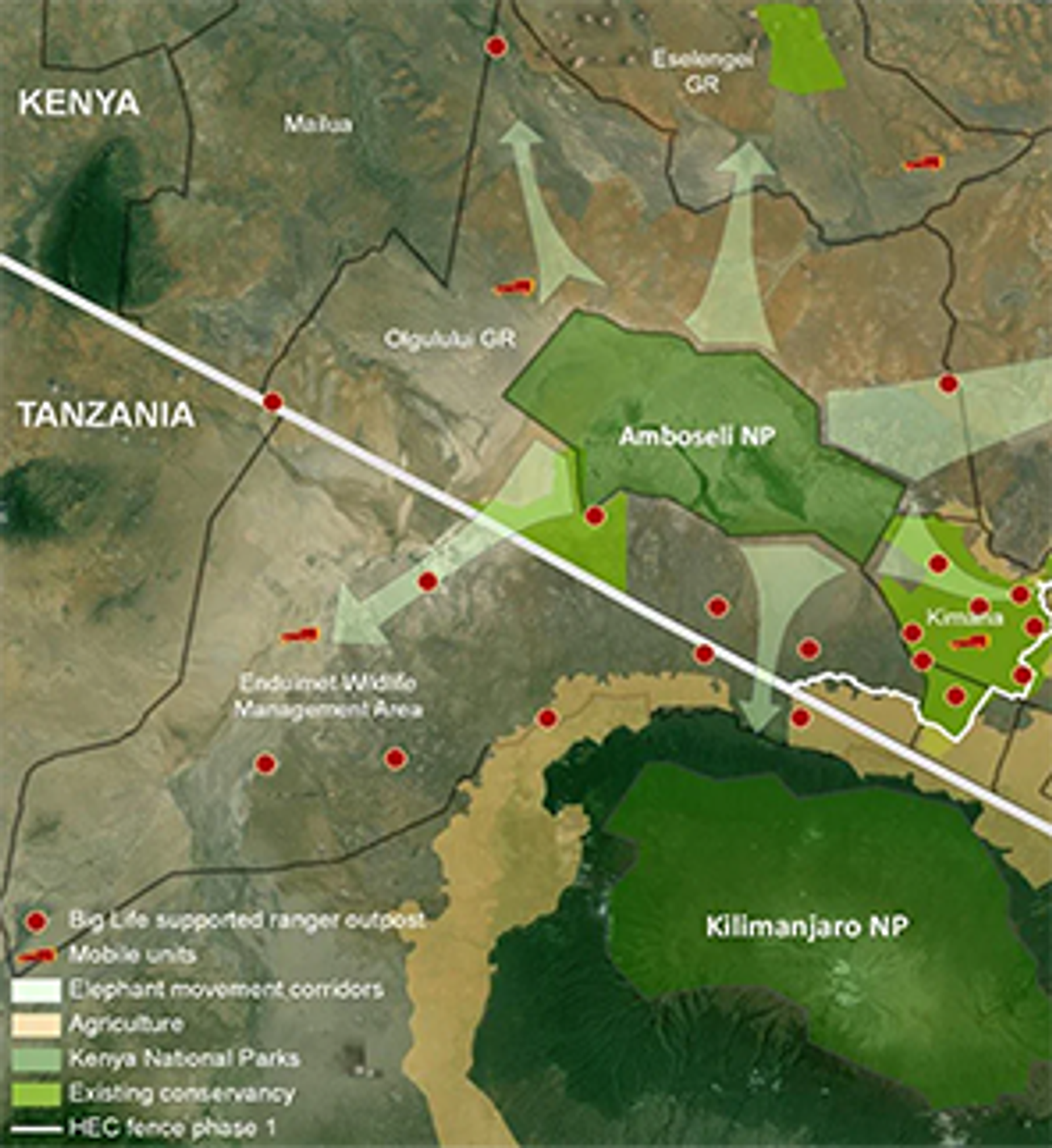 Map showing elephant movement corridors, protected areas, and anti-poaching outposts in the Amboseli-Kilimanjaro region of Kenya and Tanzania.