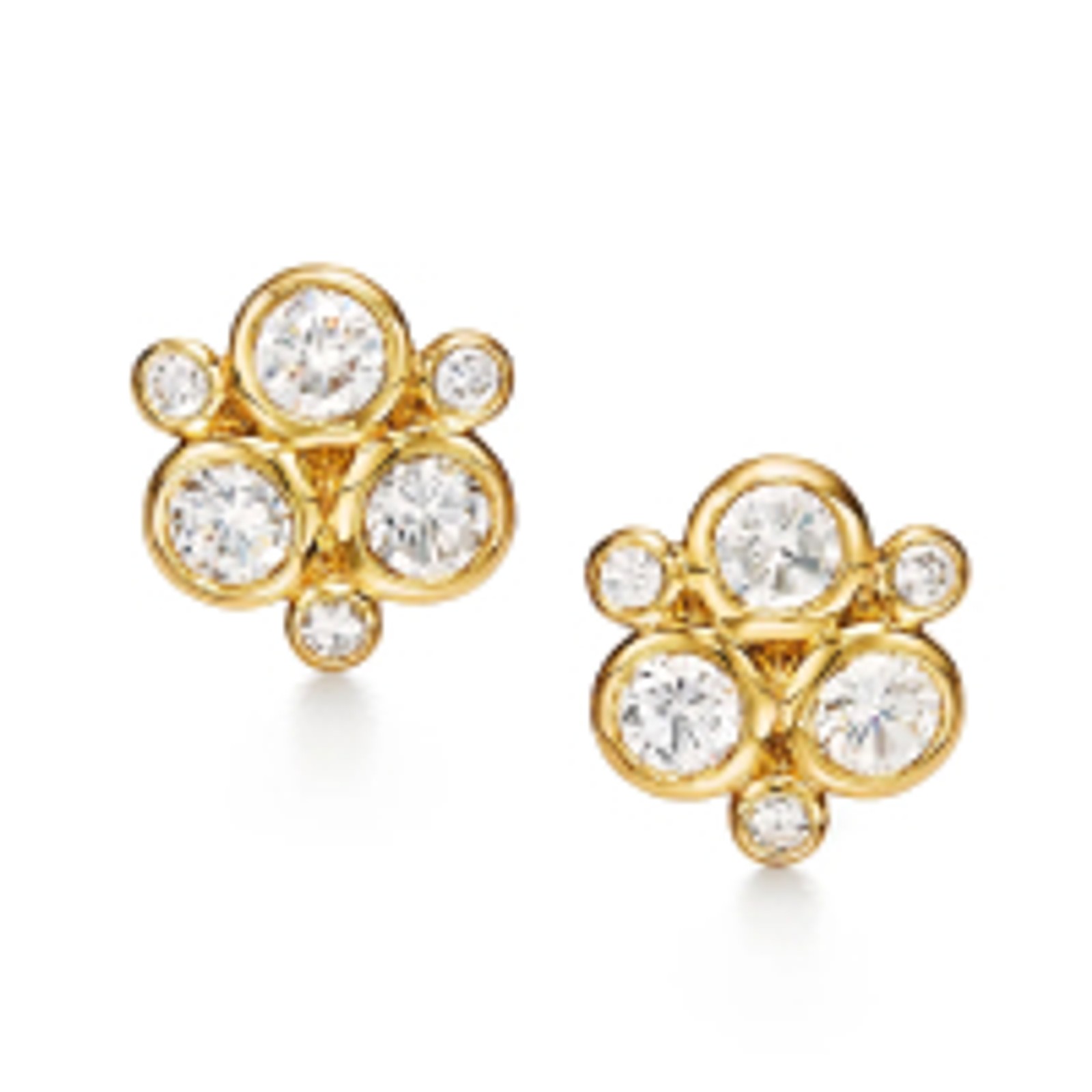 Pair of gold stud earrings, each featuring a cluster of bezel-set round diamonds.
