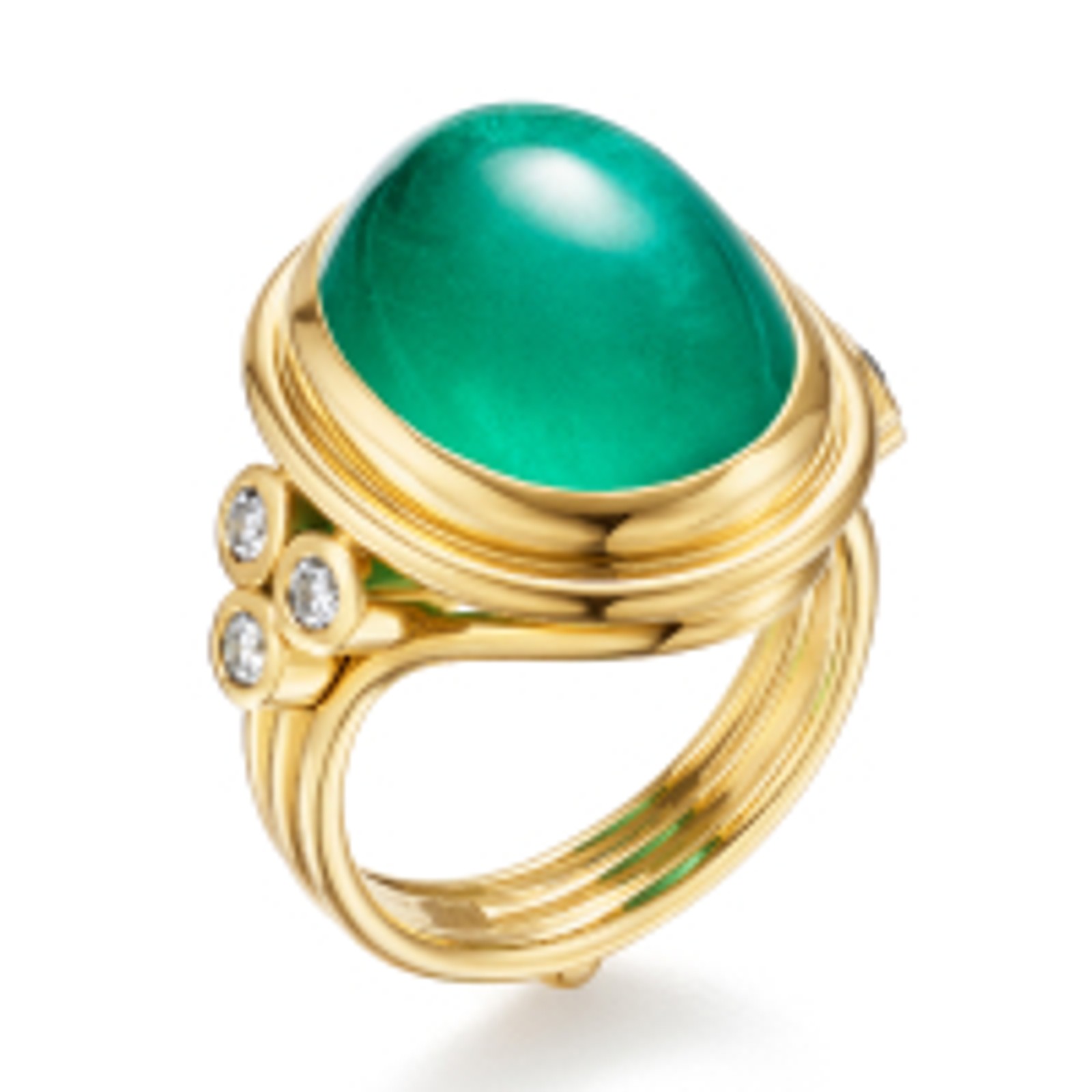 Yellow gold ring with an oval blue moonstone cabochon and small diamond accents.