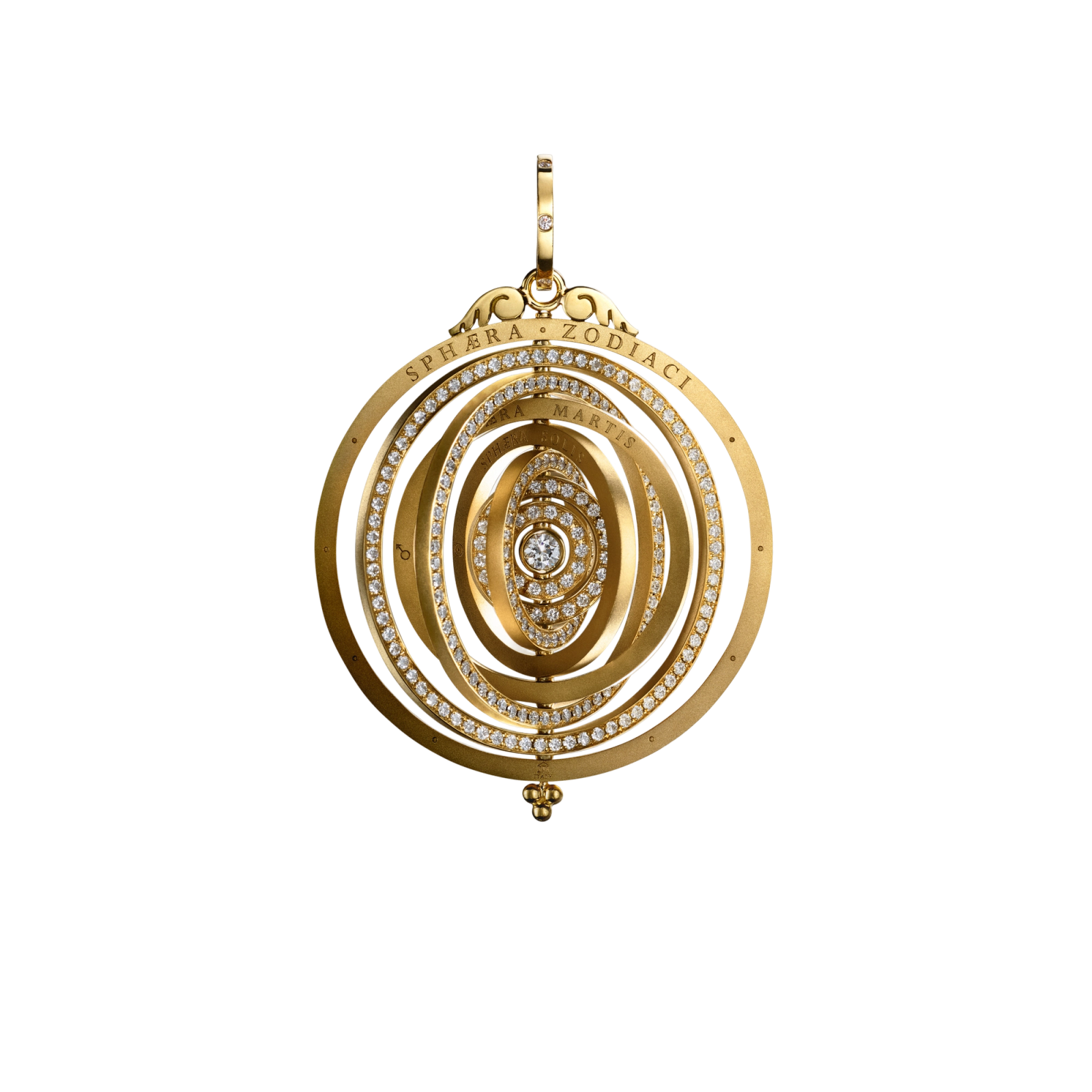 A luxurious gold armillary sphere pendant adorned with many diamonds, featuring concentric rings and a large central diamond.