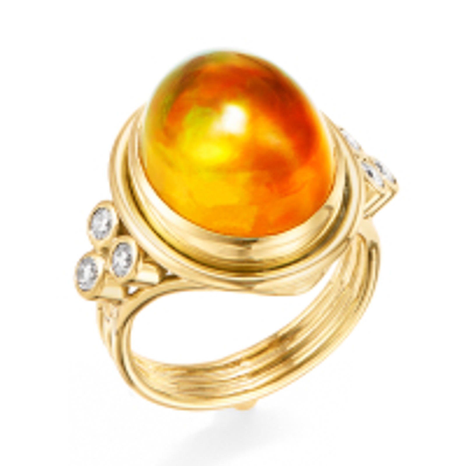 Yellow gold ring with an oval blue moonstone cabochon and small diamond accents.