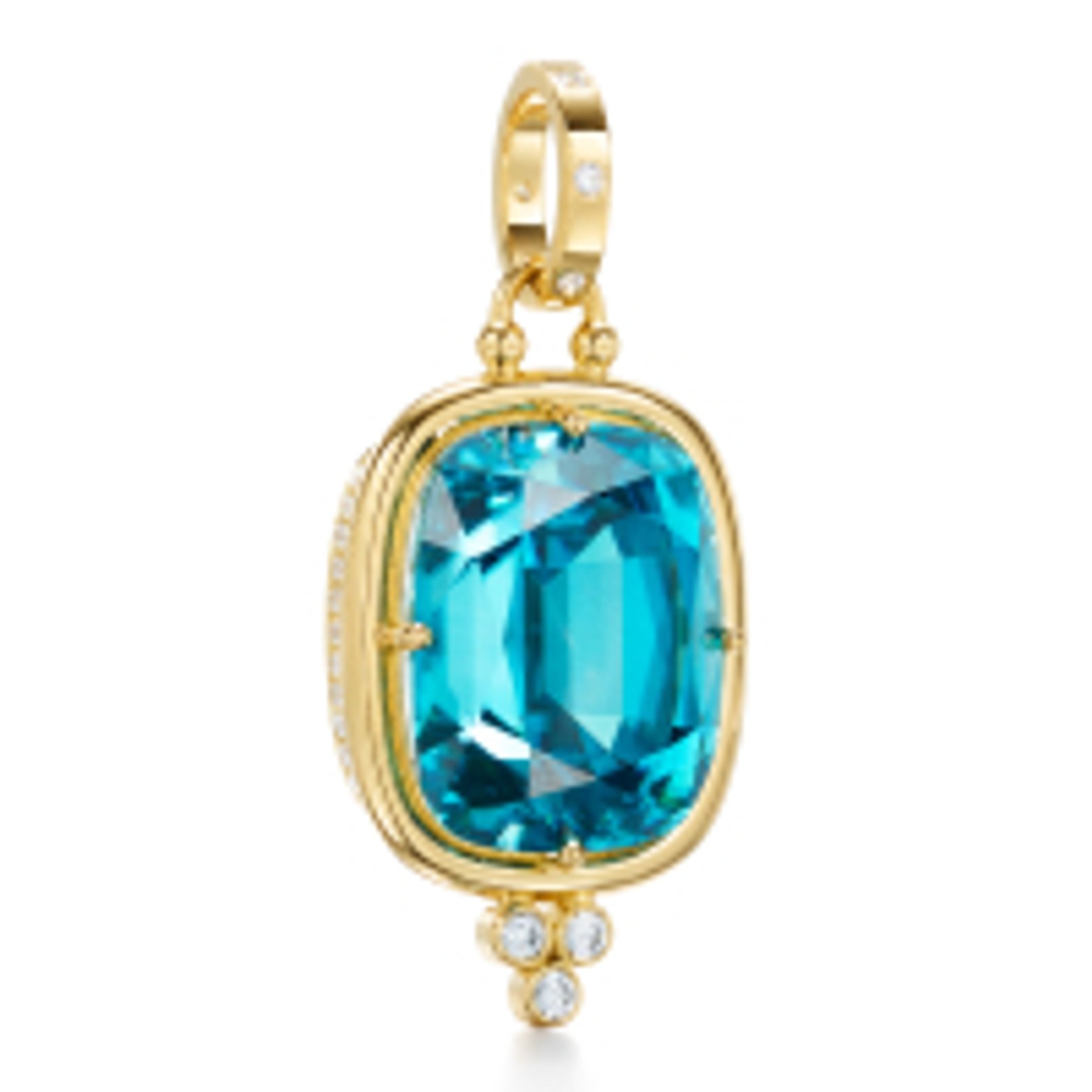 Gold pendant with a large cushion-cut blue gemstone and small diamonds.