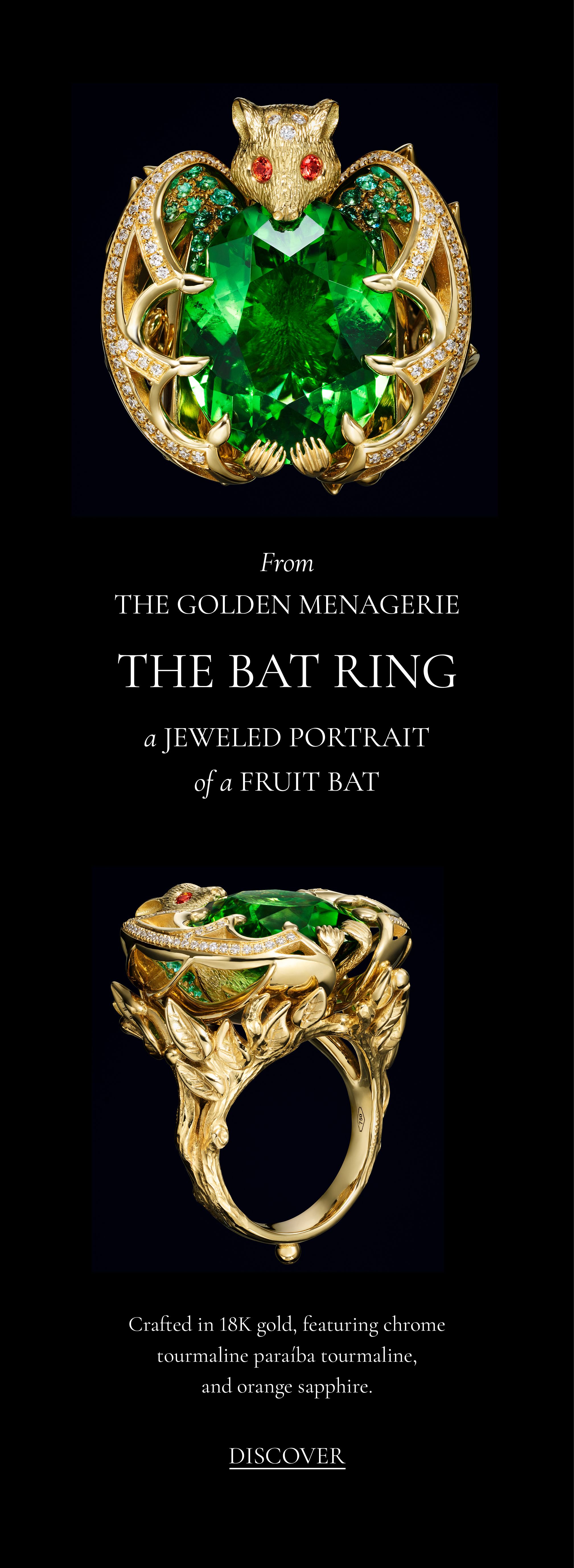 A gold fruit bat ring with a large green tourmaline body, red sapphire eyes, and diamond accents.
