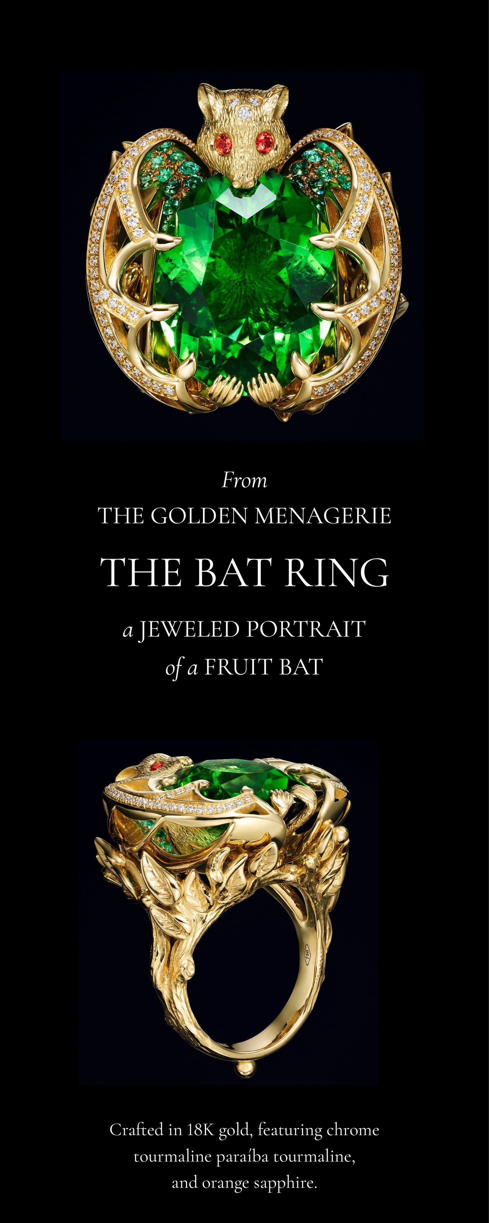 A gold fruit bat ring with a large green tourmaline body, red sapphire eyes, and diamond accents.