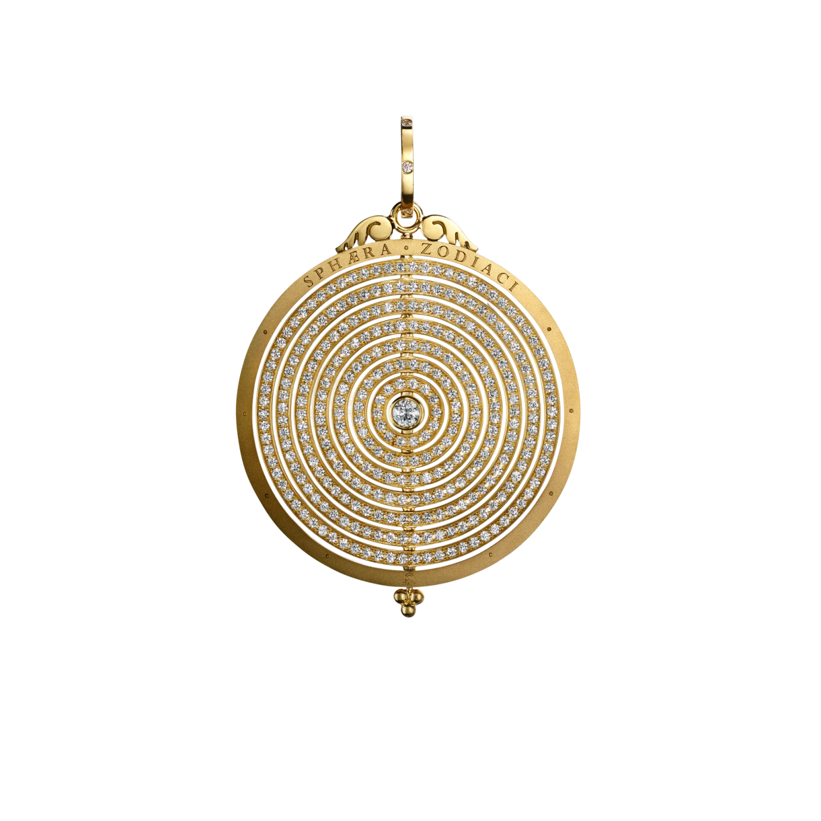 Gold pendant with concentric diamond-encrusted circles and 'SPHERA ZODIACI' inscription.