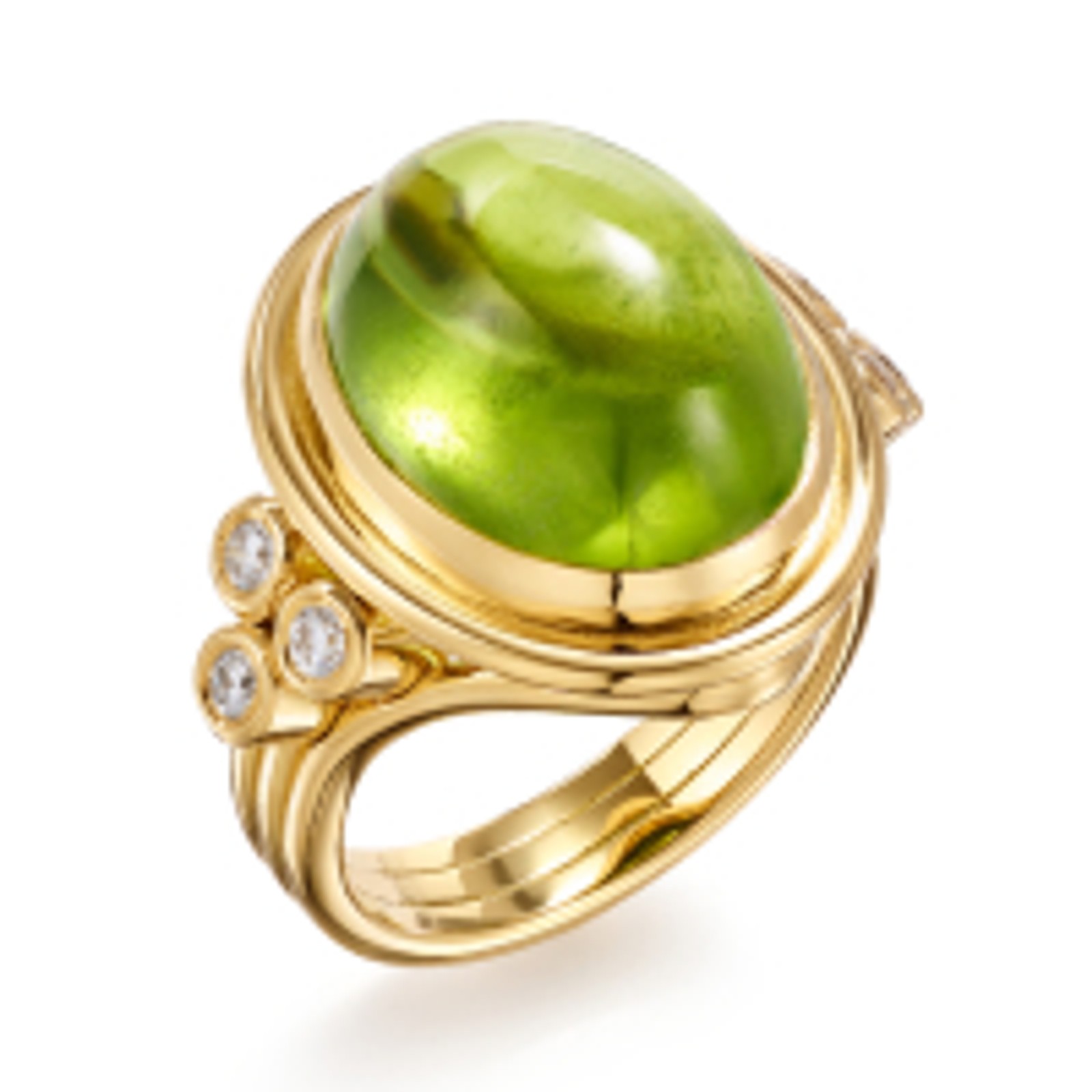 Gold ring with a vibrant green oval cabochon stone and three small diamonds.