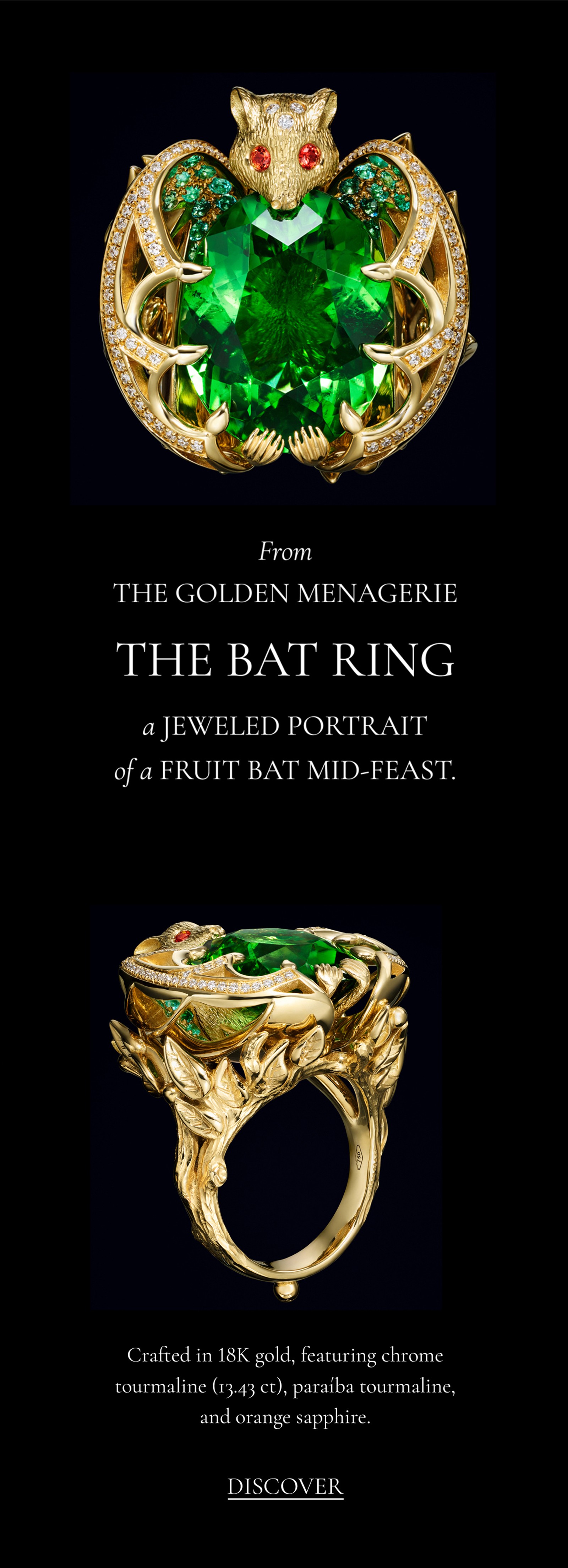 A luxurious gold ring shaped like a bat holding a large green gemstone, with red eyes and sparkling diamond accents.