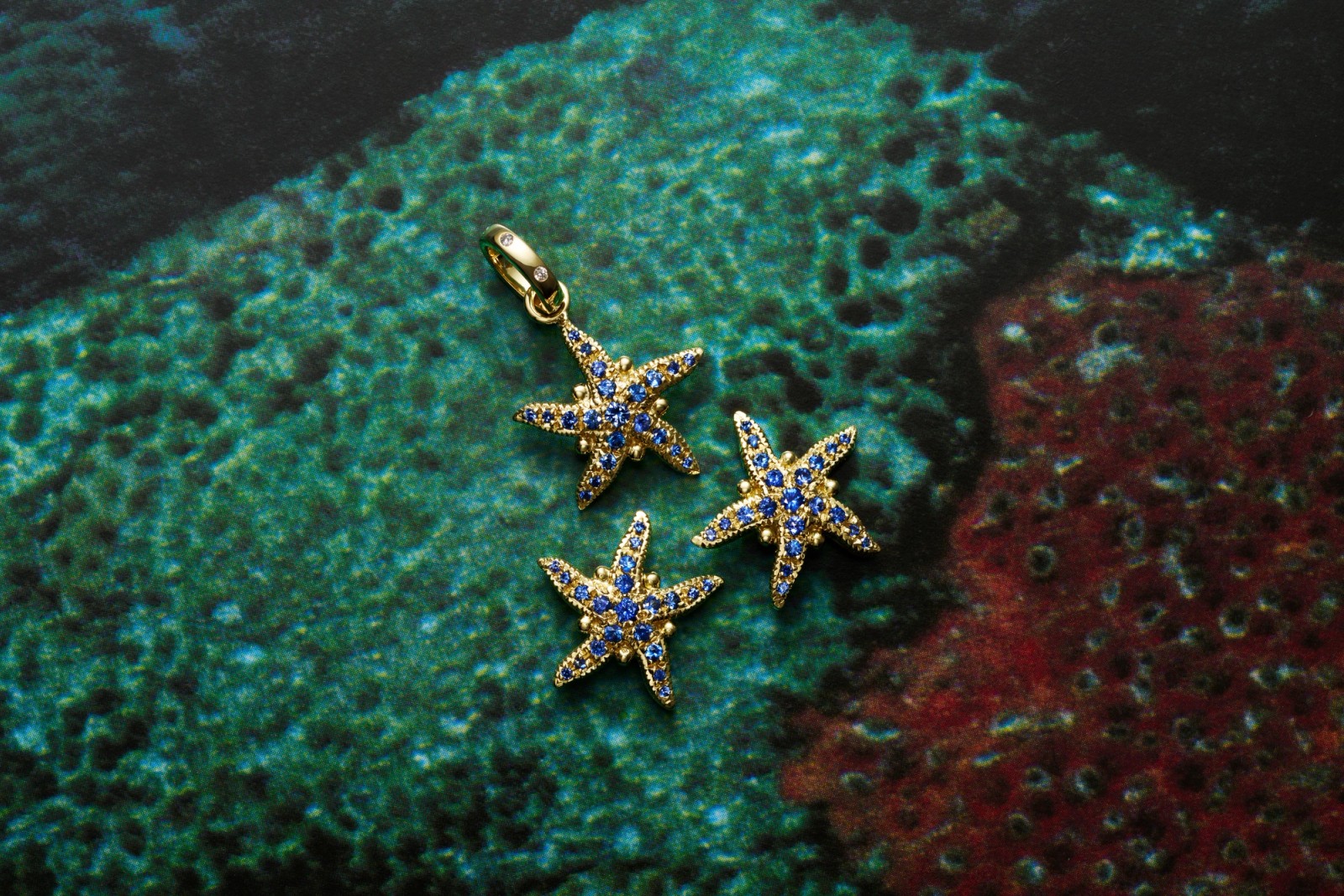 Gold starfish pendant and two matching charms, all set with blue gems, on a textured green and red background.