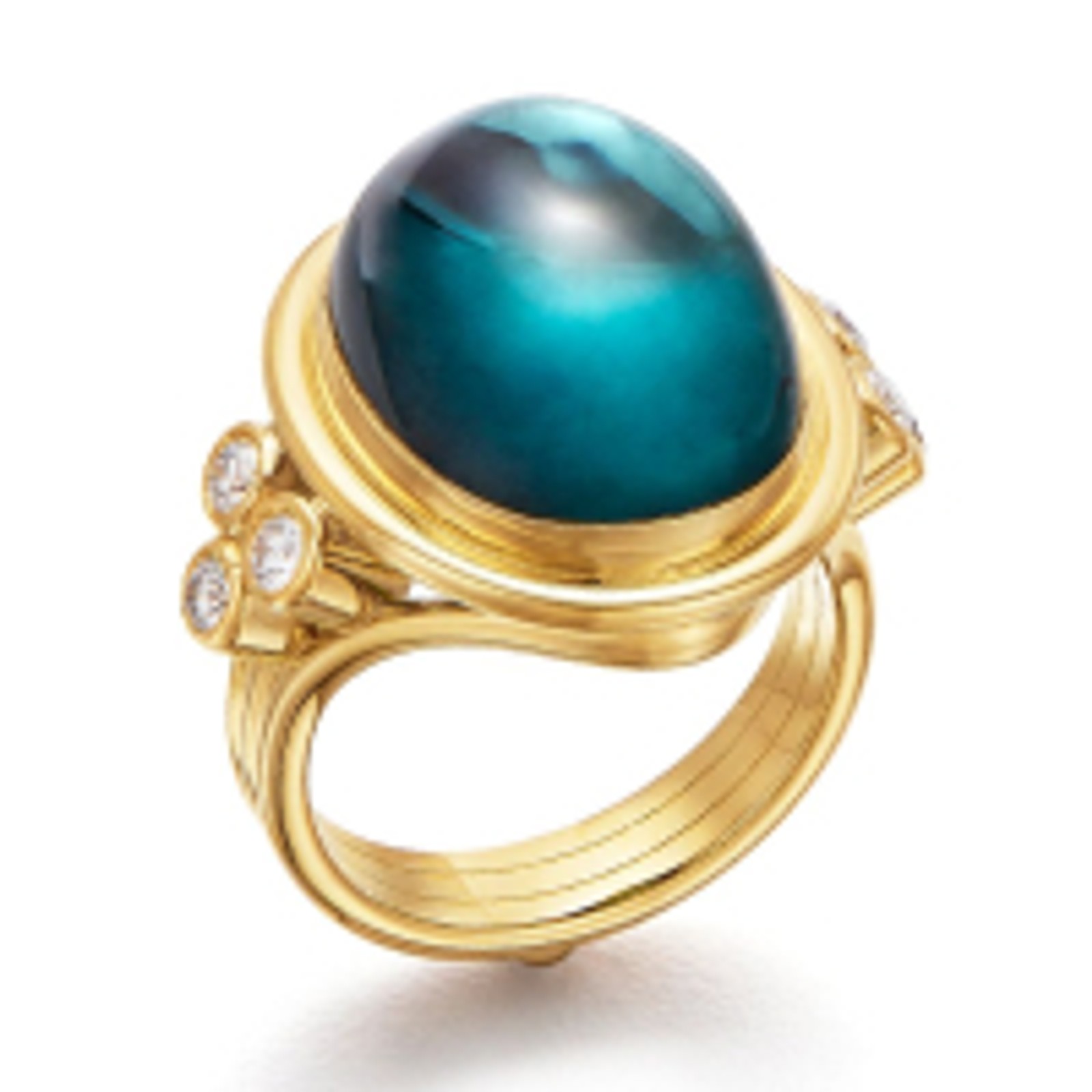 Yellow gold ring with an oval blue moonstone cabochon and small diamond accents.