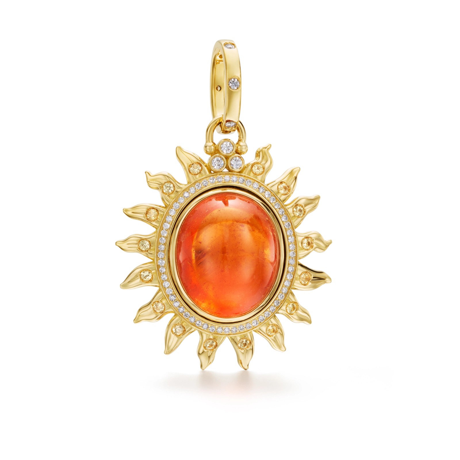 Gold sun-shaped pendant with an oval orange gemstone surrounded by a diamond halo and smaller yellow gems on its rays.